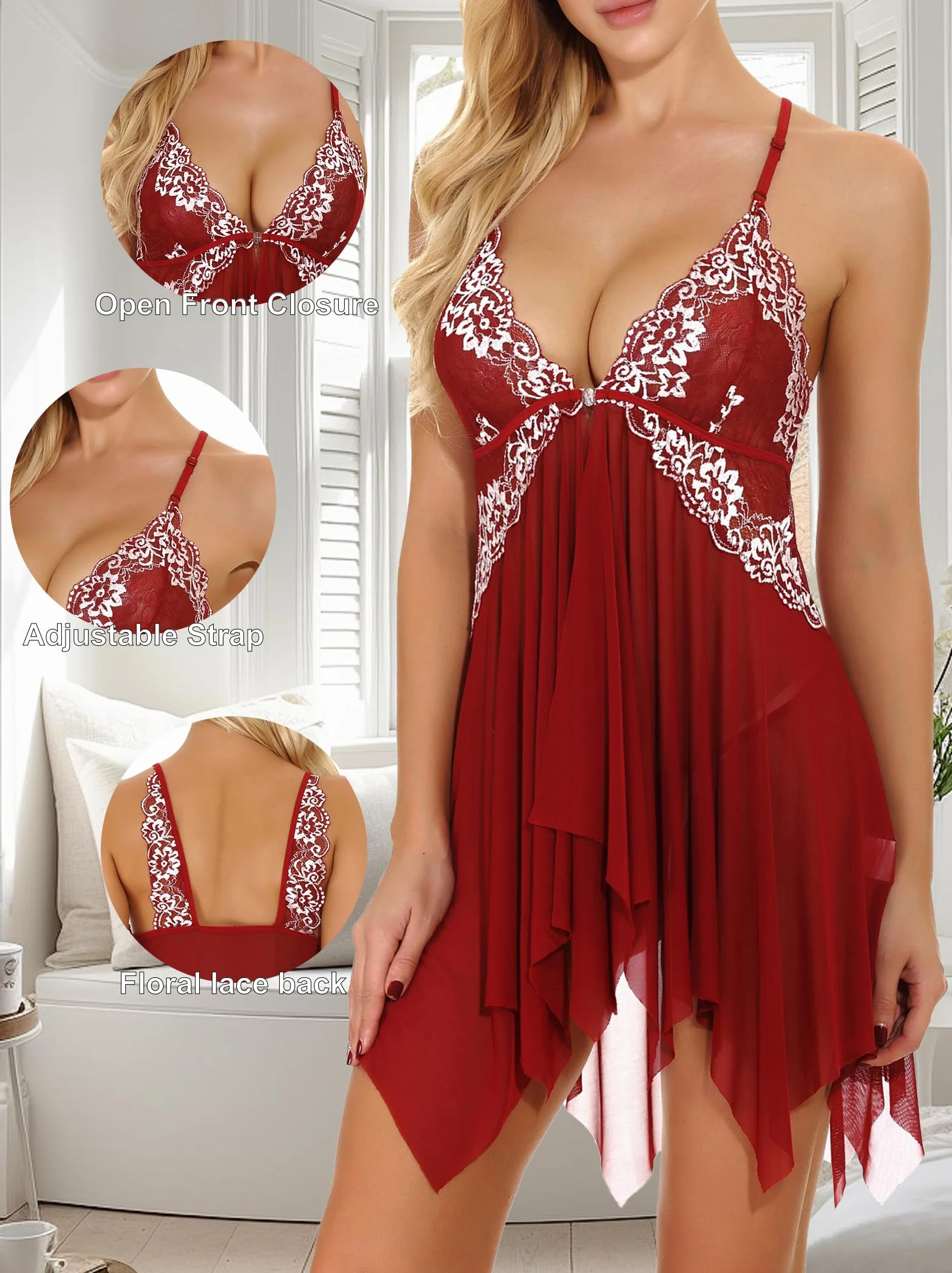 ONGASOFT Seksowna bielizna damska z koronką babydoll z paskiem sukienka nocna
