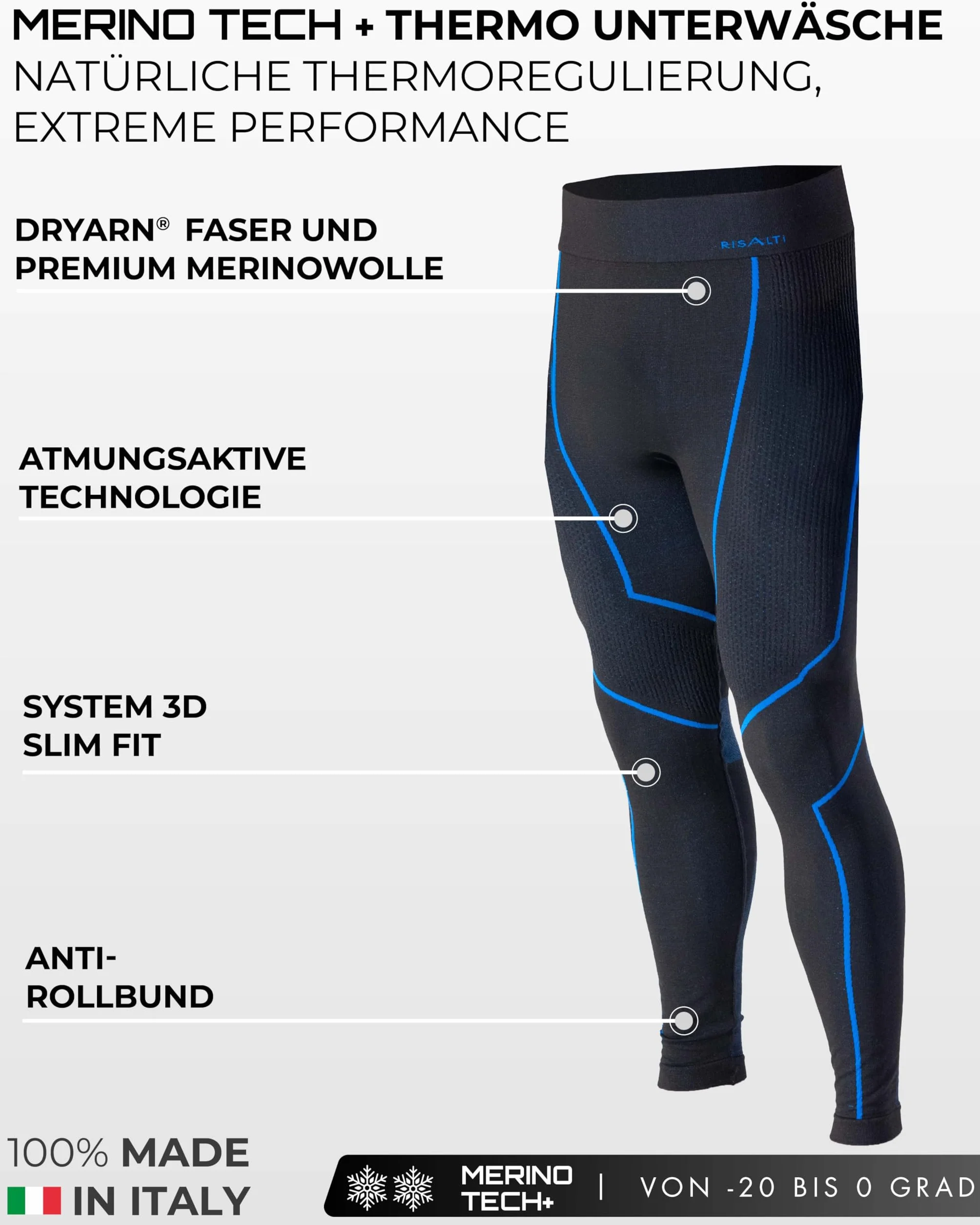 Risalti MęSkie Rajstopy Termiczne Merino Tech - MęSkie Kompresyjne Spodnie Termiczne Z WełNy MerynosóW, Zimowa MęSka Bielizna Termiczna, Bezszwowe - Made In Italy