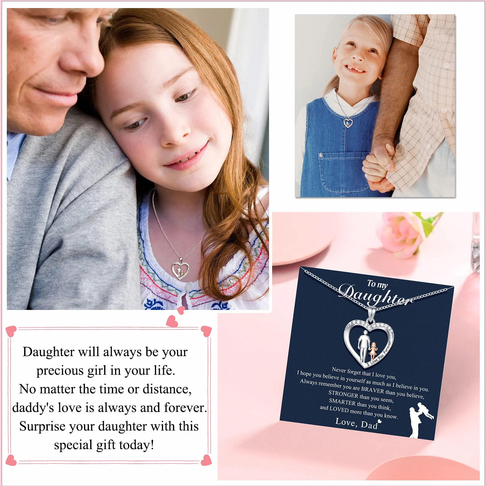 UNGENT THEM Daughter Love You Forever Naszyjnik z wisiorkiem w kształcie serca od taty, urodziny, Boże Narodzenie, walentynki, prezenty dla nastolatek, kobiet, Szkło Stal nierdzewna, Cyrkonia
