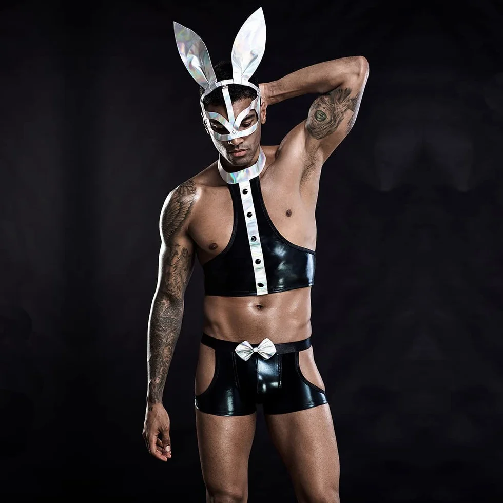 BaronHong Seksowny kostium męski Cosplay Bunny Boy PU Bielizna dla mężczyzn, do klubu nocnego, kelnera, mundur erotyczny hormonalny strój królika