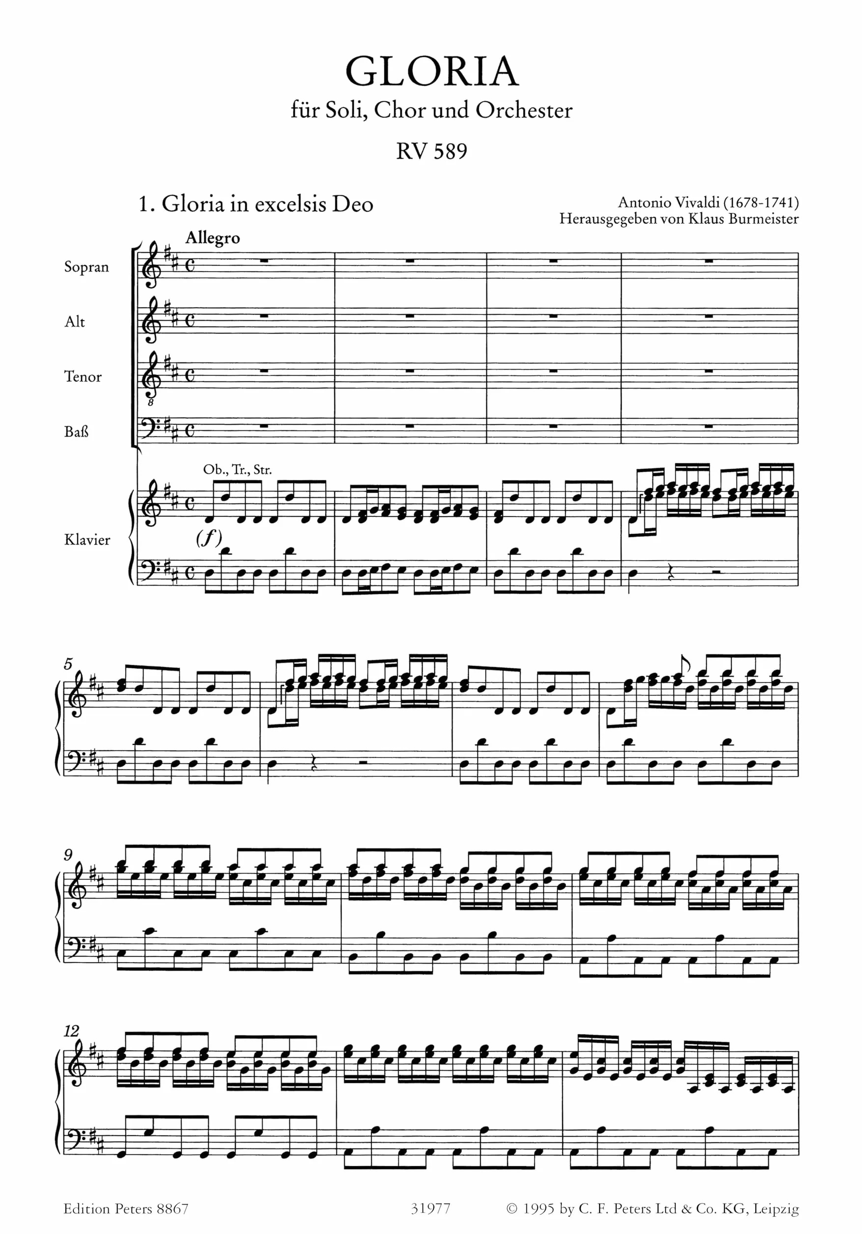 Gloria d-dur rv 589/ gloria in d major rv 589 chant: für Soli, Chor und Orchester / Klavierauszug