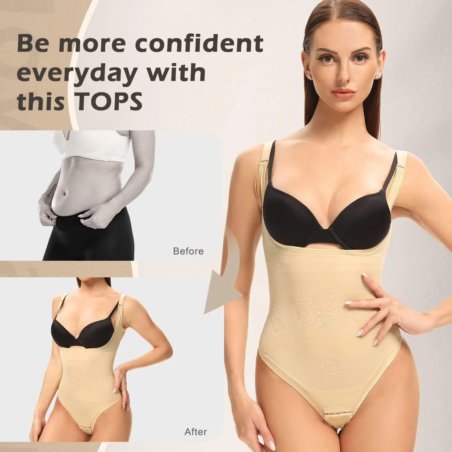 Joyshaper Figurformujący Body Damski Tanga Mocno Wyciągające Talię Formujące Body Bielizna z Haftkami Modelujący Bodysuit, Be?owy-1, XL