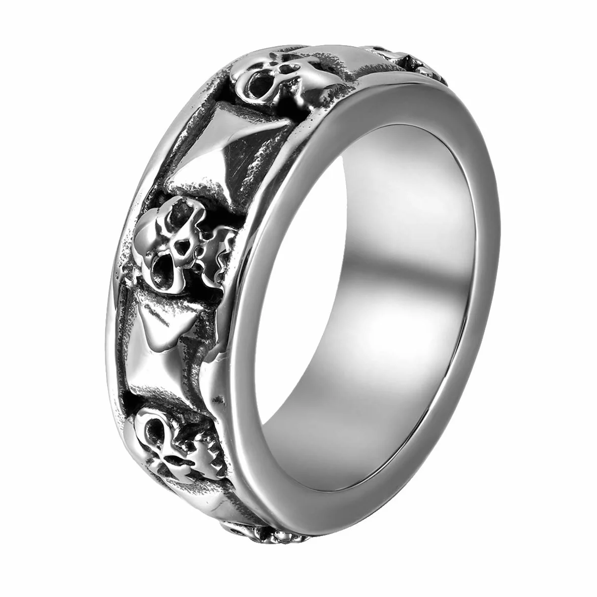 JewelryWe biżuteria, gotycki pierścień męski, trupia czaszka, piramida, stal szlachetna, czarny, srebrny
