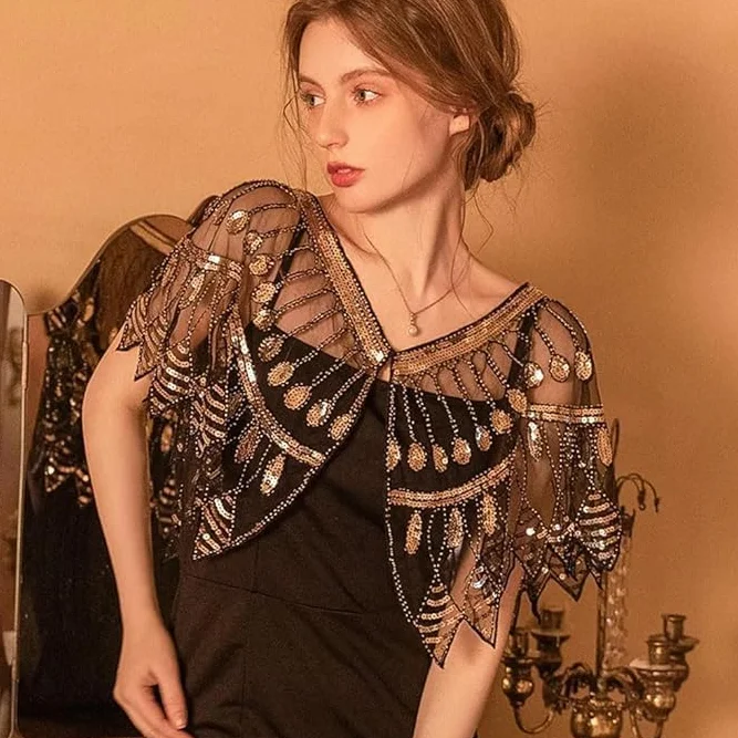 Damski wieczór cekinowy szal lata 20. sukienka vintage peleryna elegancki haft siatka kardigan trend okrycie akcesoria na imprezę studniówkę