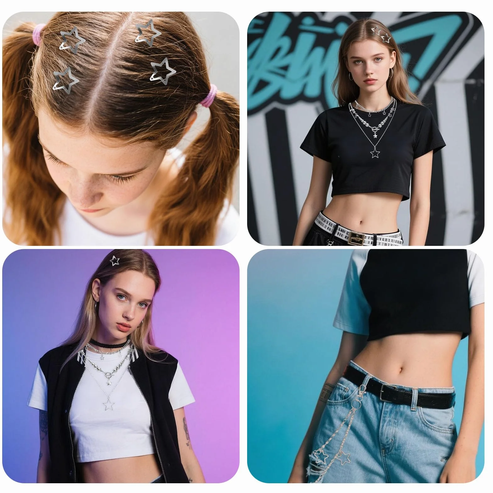 Zestaw Akcesoriów Y2k, Biżuteria Rockstar dla Kobiet 3 Naszyjniki z Gwiazdkami i 2 Srebrne Bransoletki, Okulary Przeciwsłoneczne, Łańcuszek do Spodni Hip-Hopowych z Gwiazdką, Spinka do Włosów