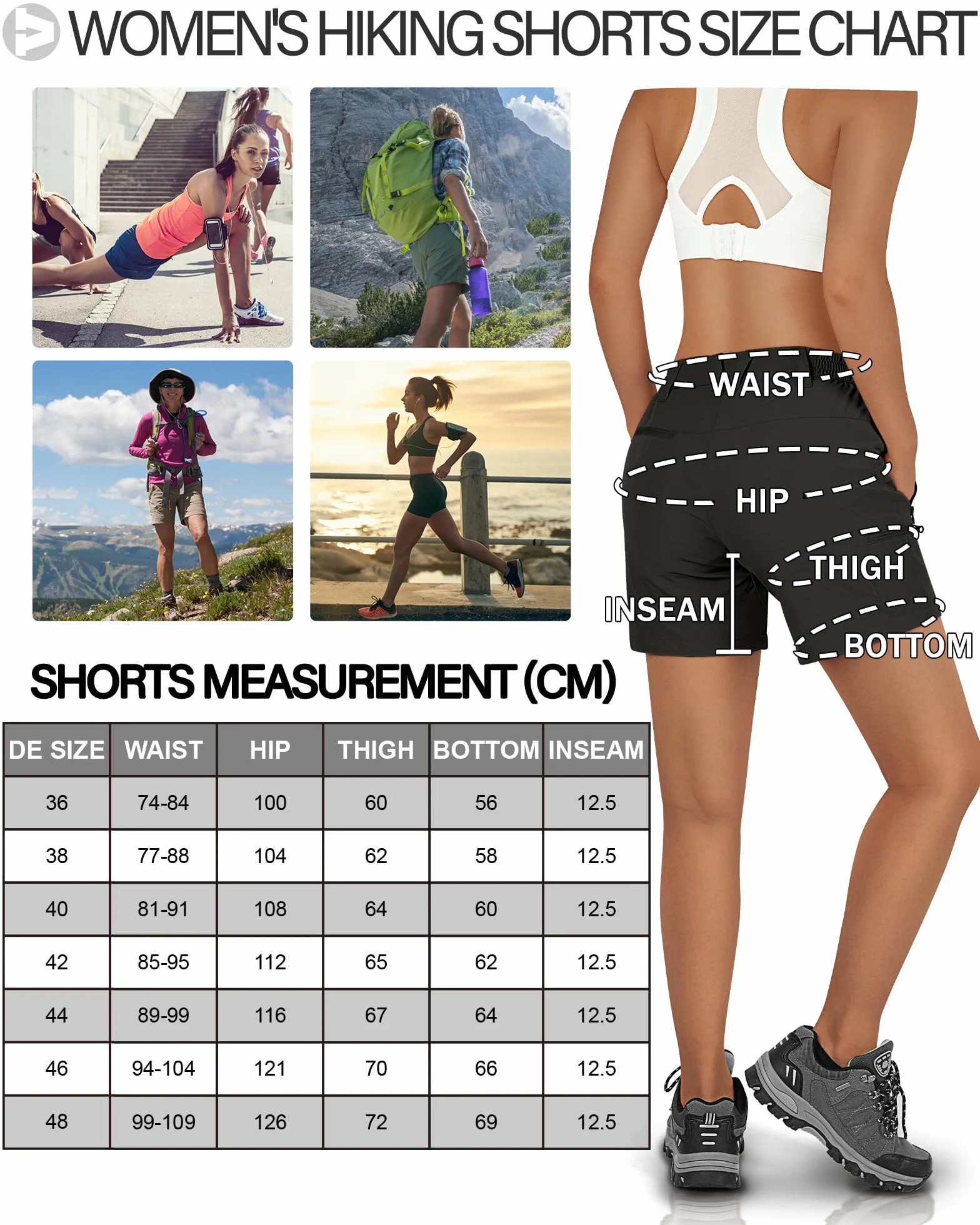 Outdoor Ventures Krótkie spodenki damskie UPF50+, ochrona przed promieniowaniem UV, krótkie spodenki trekkingowe, elastyczne, szybkoschnące, do wędrówek