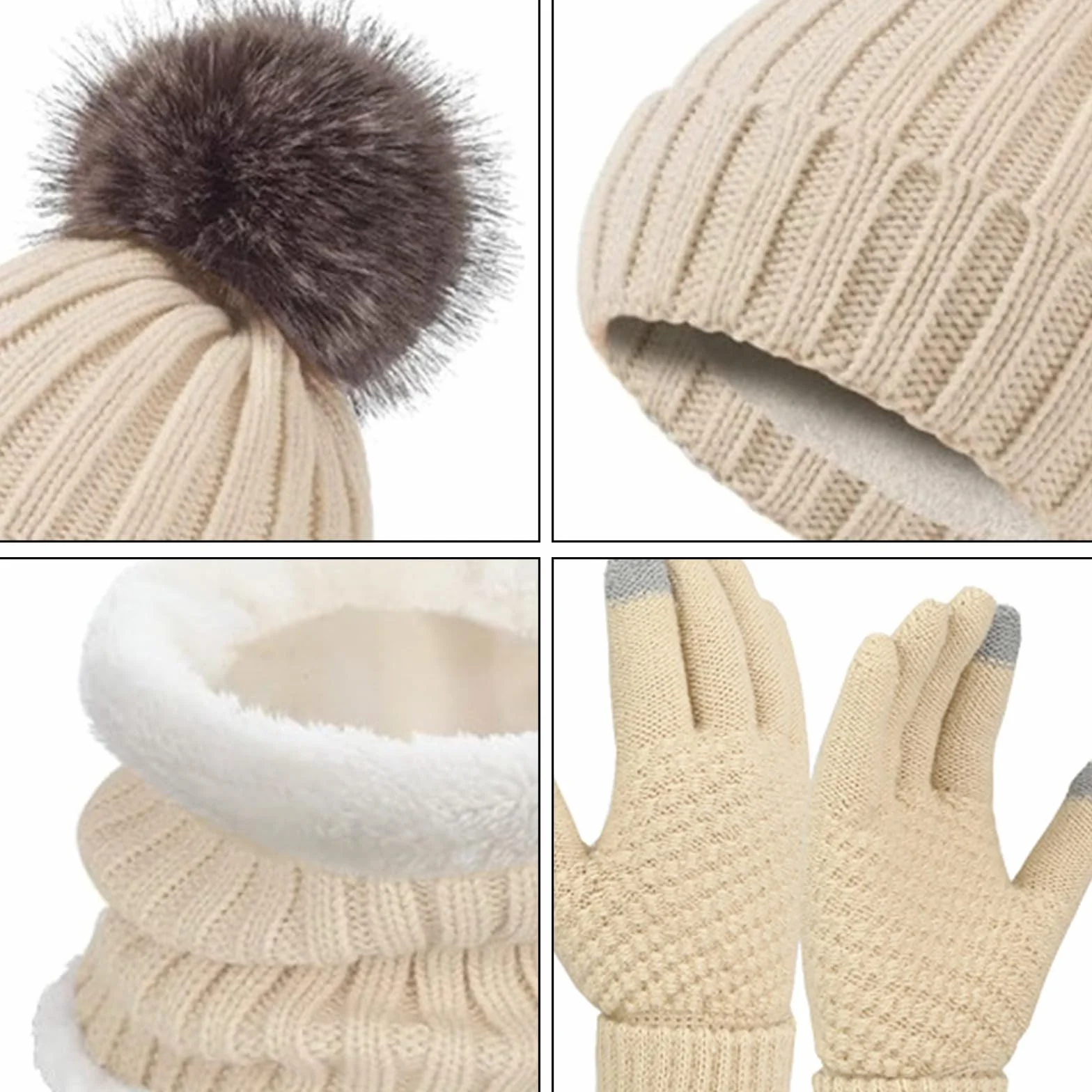 Embhlitfe Zestaw damskich czapek zimowych rękawiczki termiczne szalik czapki beanie dla kobiet z podszewką z pomponem ciepłe 3 szt. zimowy zestaw na zimną pogodę dla kobiet codzienne narty sporty na
