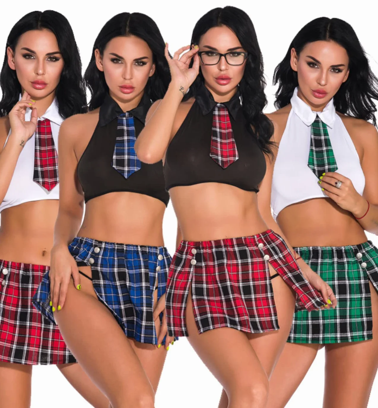 JFAN Damska Studentka Mini Spódnica Szkocka Strój Gorset Podwiązka Piżama Uczennica Pled Uniform