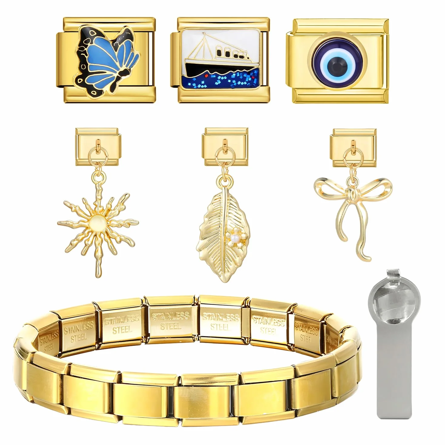Włoska bransoletka charms, złota, 6 włoskich charmsów, zestaw bransoletek DIY, 9 mm, zdejmowane moduły do włoskich bransoletek, charmsy w stylu włoskim dla kobiet, A Größe, Stal nierdzewna,