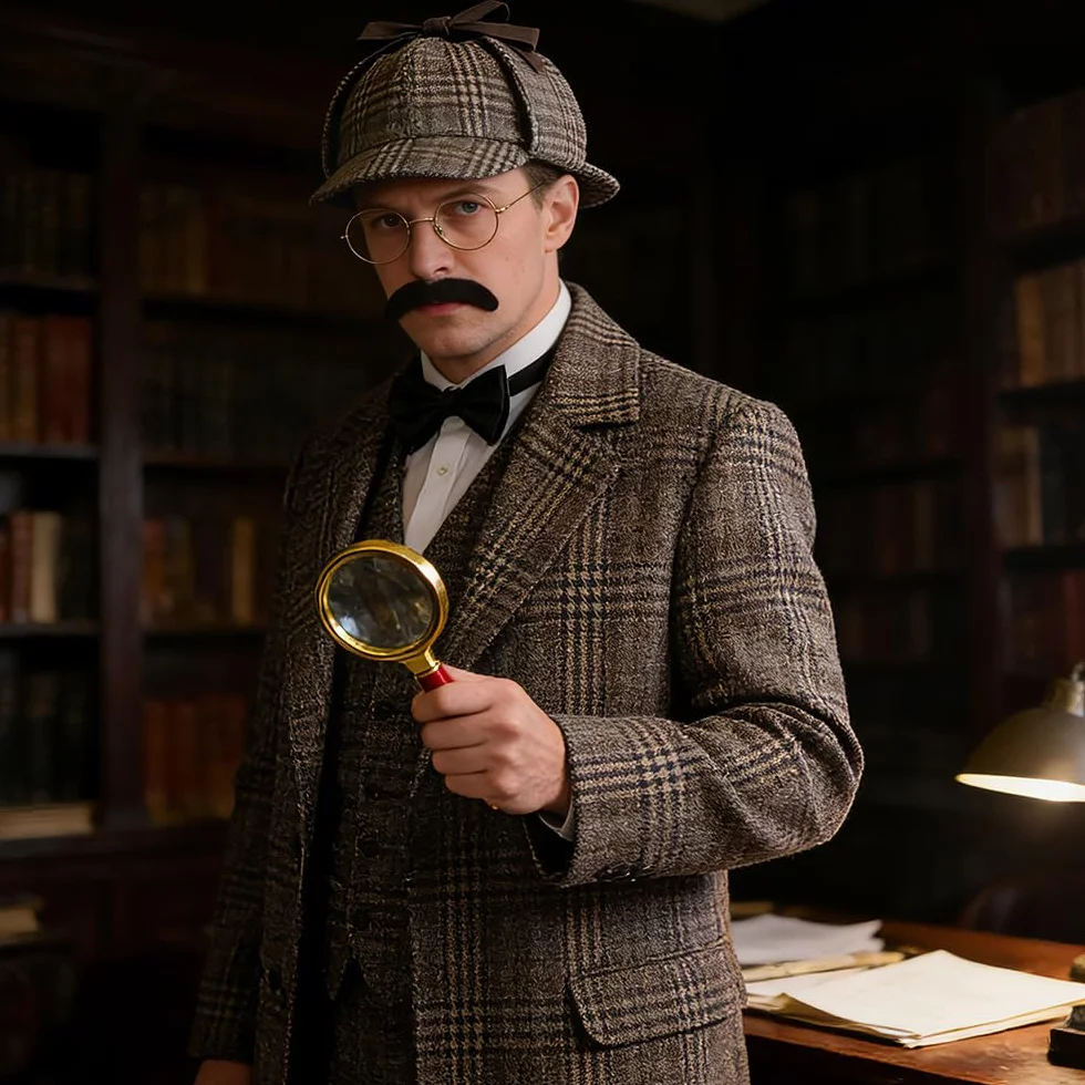 Zestaw akcesoriów do kostiumu detektywa, 5 sztuk, kostium Sherlocka Holmesa, rekwizyty do cosplay detektywa, z kapeluszem detektywistycznym, metalowymi okularami, lupą, muszką męską, brodą, dla