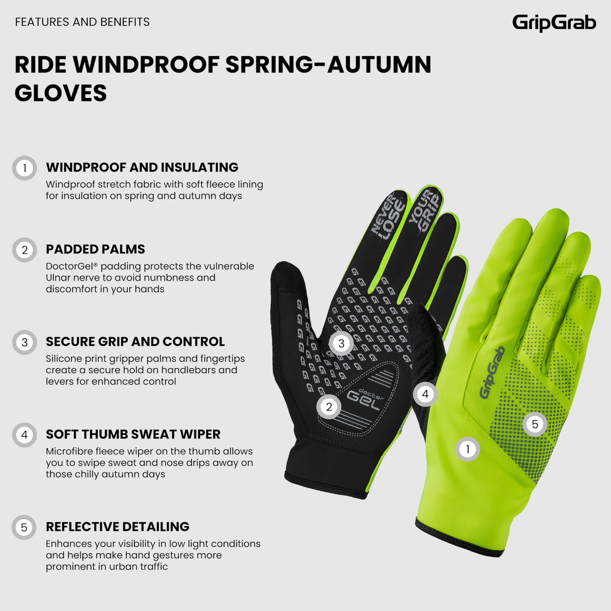GripGrab Ride wiatroszczelne rękawiczki rowerowe, na jesień, wiosnę, cienkie, antypoślizgowe, wyściełane, przejściowe, kolarskie