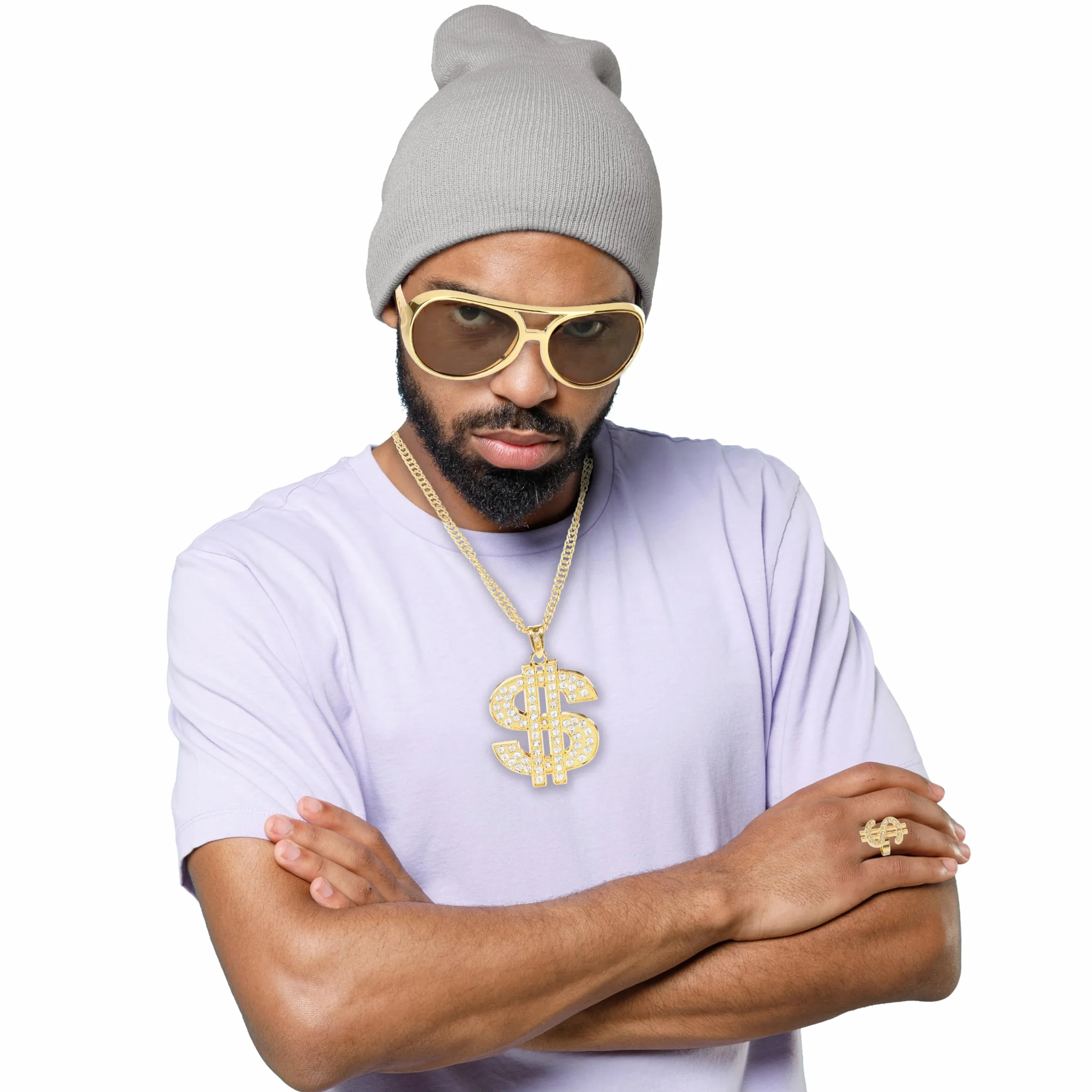 Dollar Accessoires zestaw 3 szt. - męskie akcesoria gangsterskie w stylu hip-hopowym - okulary, pierścionki i okulary przeciwsłoneczne na karnawał lub karnawał