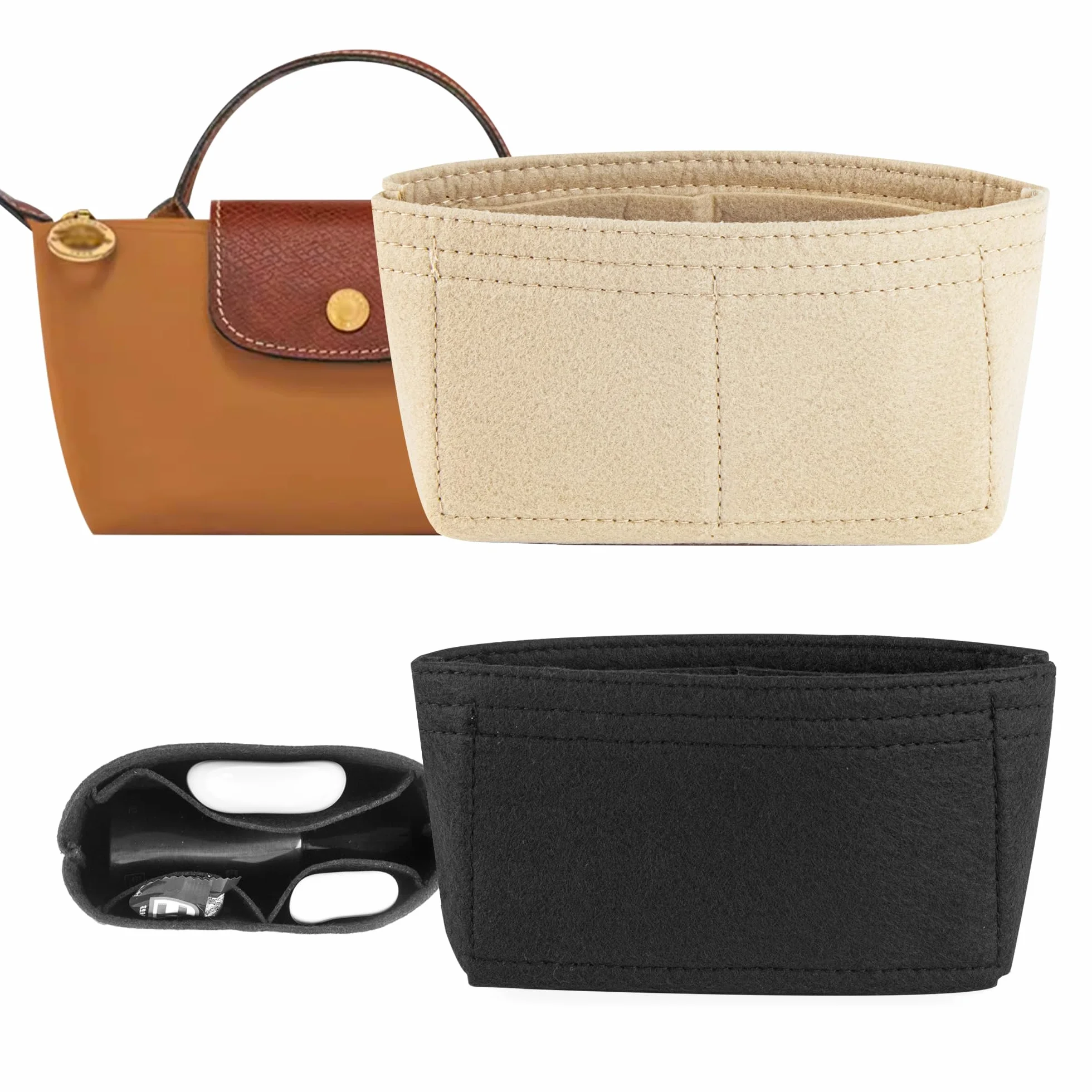2-częściowy organizer na mini torebki, kompatybilny z Longchamp, z wieloma kieszeniami, kieszeniami wewnętrznymi, torbami, organizerem, czarny i beżowy (17 x 5 x 9 cm)