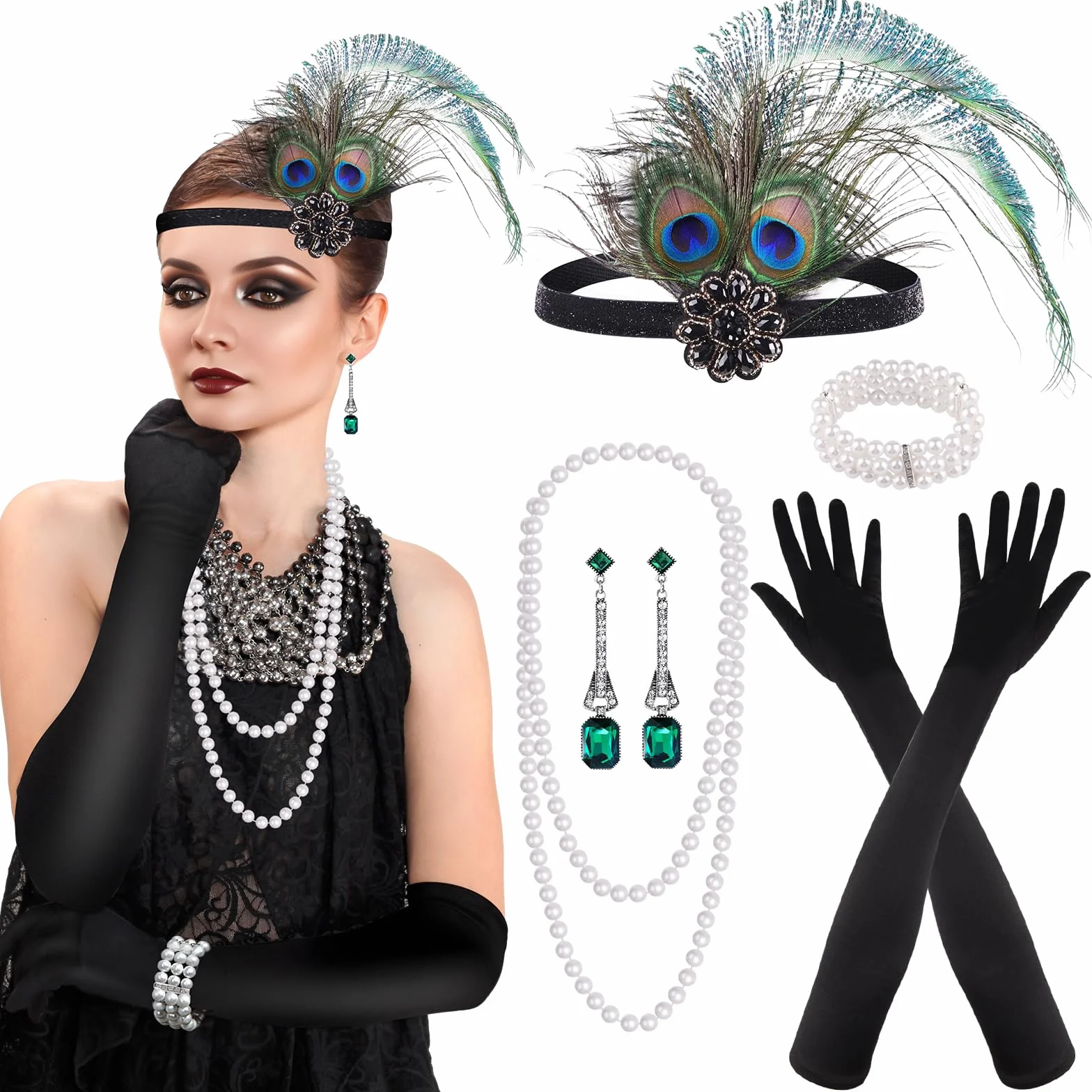 PLULON 7 sztuk 1920 Flapper Great Gatsby Akcesoria Zestaw Moda Roaring 20's Zestaw tematyczny z opaską na głowę Długie Czarne Rękawiczki Naszyjnik Kolczyki dla kobiet (Styl 5)