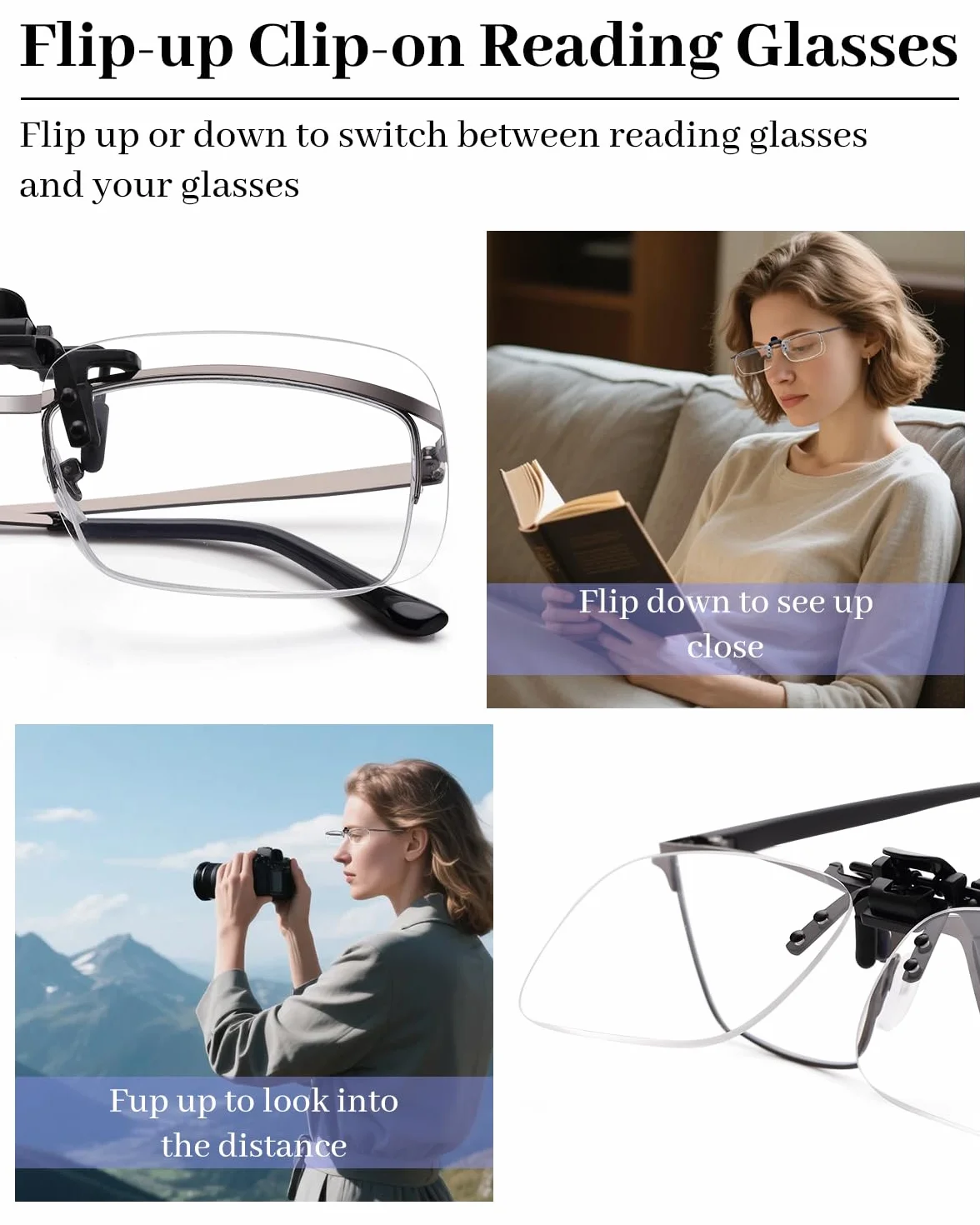 LUFF Clip On Okulary do czytania i Flip Up -Niebieskie światło blokujące okulary powiększające, okulary powiększające czytniki dla mężczyzn i kobiet