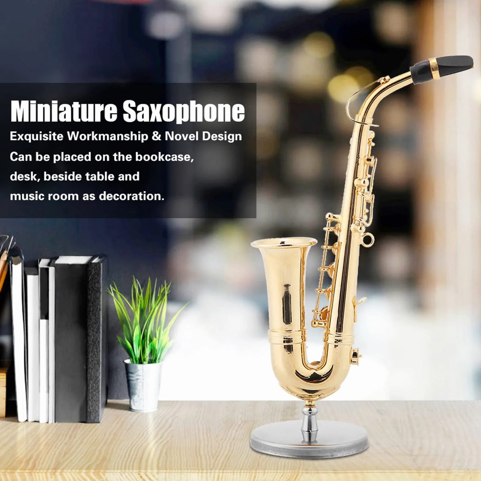 14 cm miniaturowa replika saksofonu altowego z pozłacanym stojakiem, etui i ornamentem mini instrument muzyczny model do dekoracji wnętrz figurka model