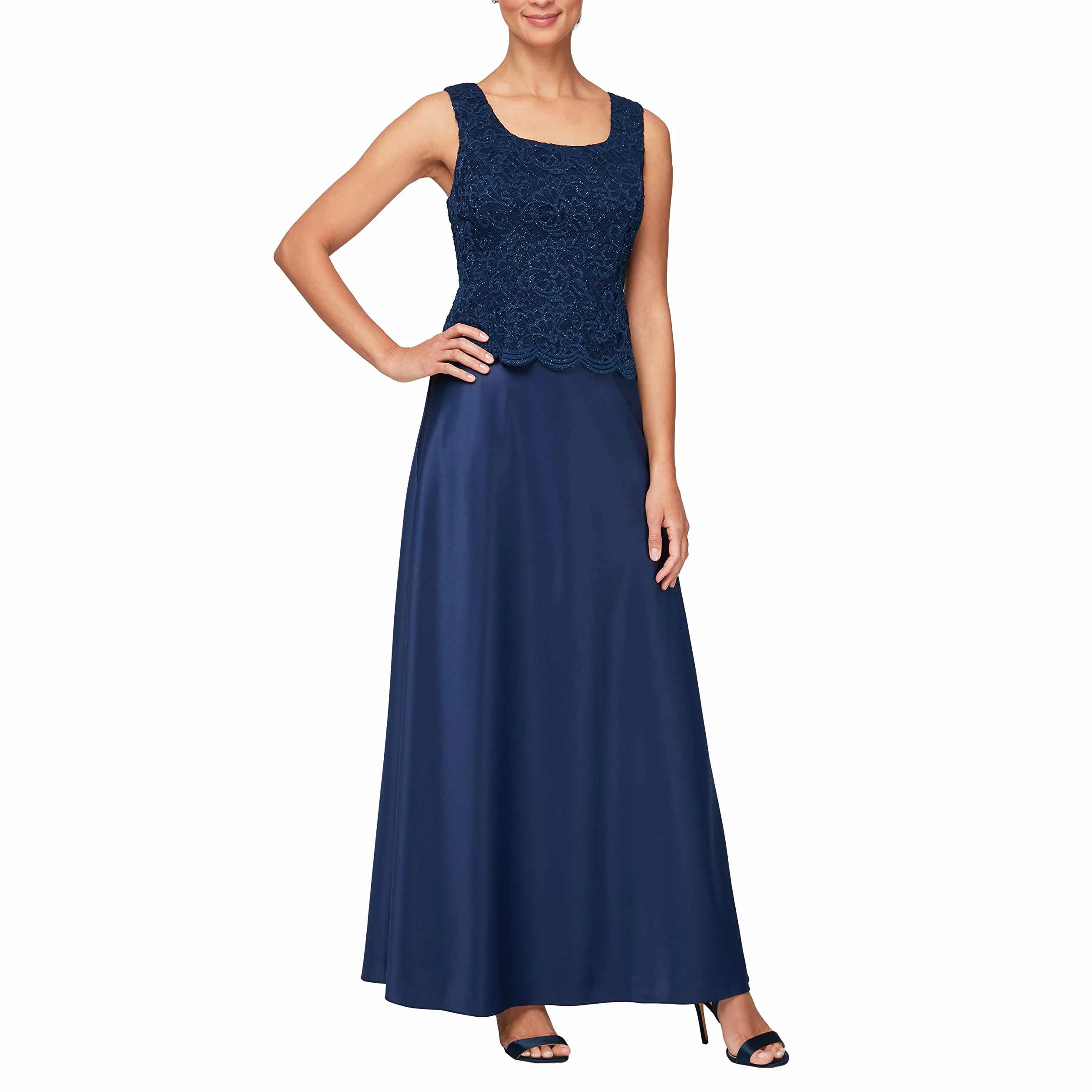 Alex Evenings Women's Two Piece Mother of The Bride Dress with Lace Jacket (Petite and Regular Sizes), Navy, 8