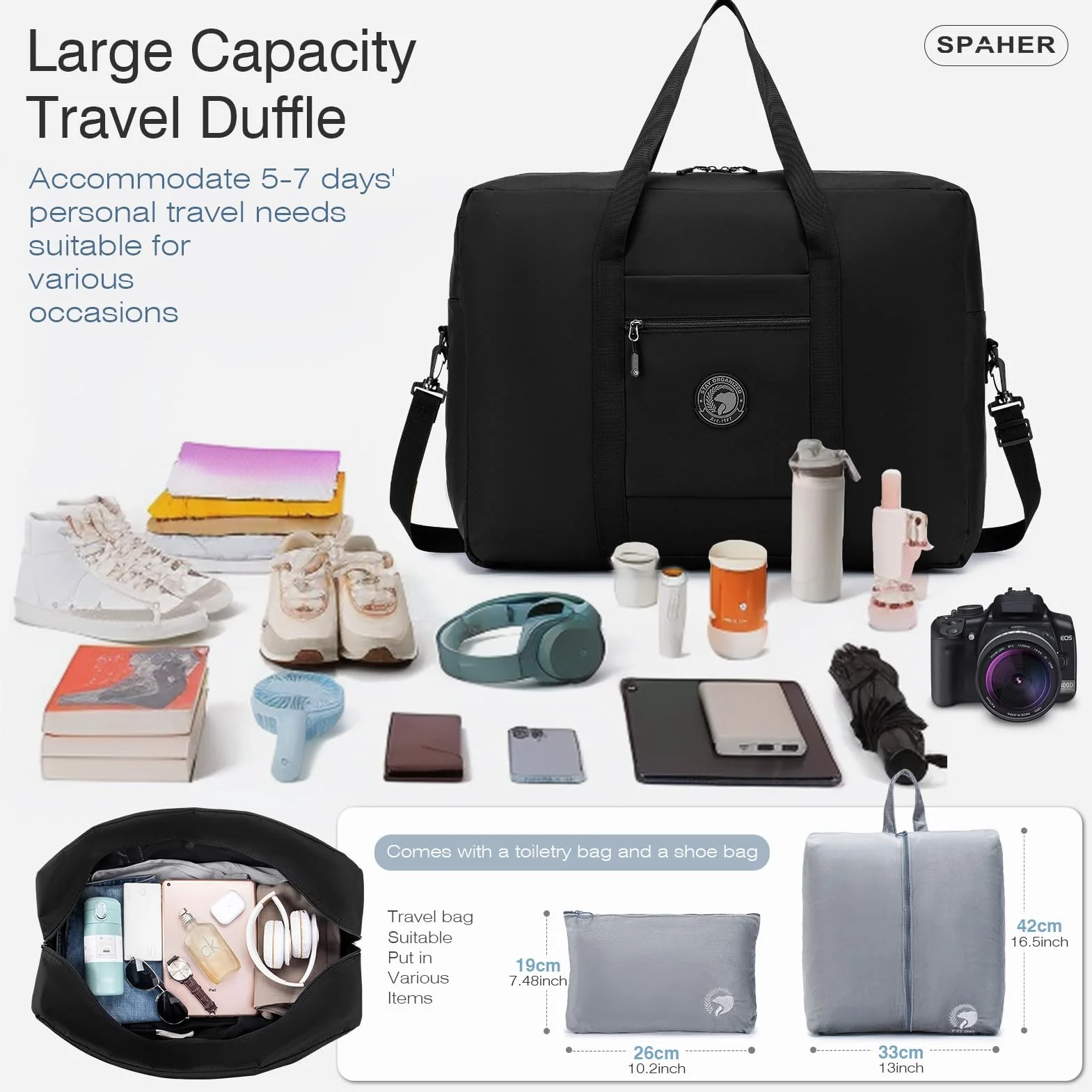 SPAHER Torba Podróżna Duża Składana Torby Podróżne Bagaż Podręczny 55x40x20 Lufthansa Tui Airways Lekki Samolotu Torba Marynarska 45L Packable Holdall Wodoodporna Torebka dla Mężczyzn i Kobiet Czarny