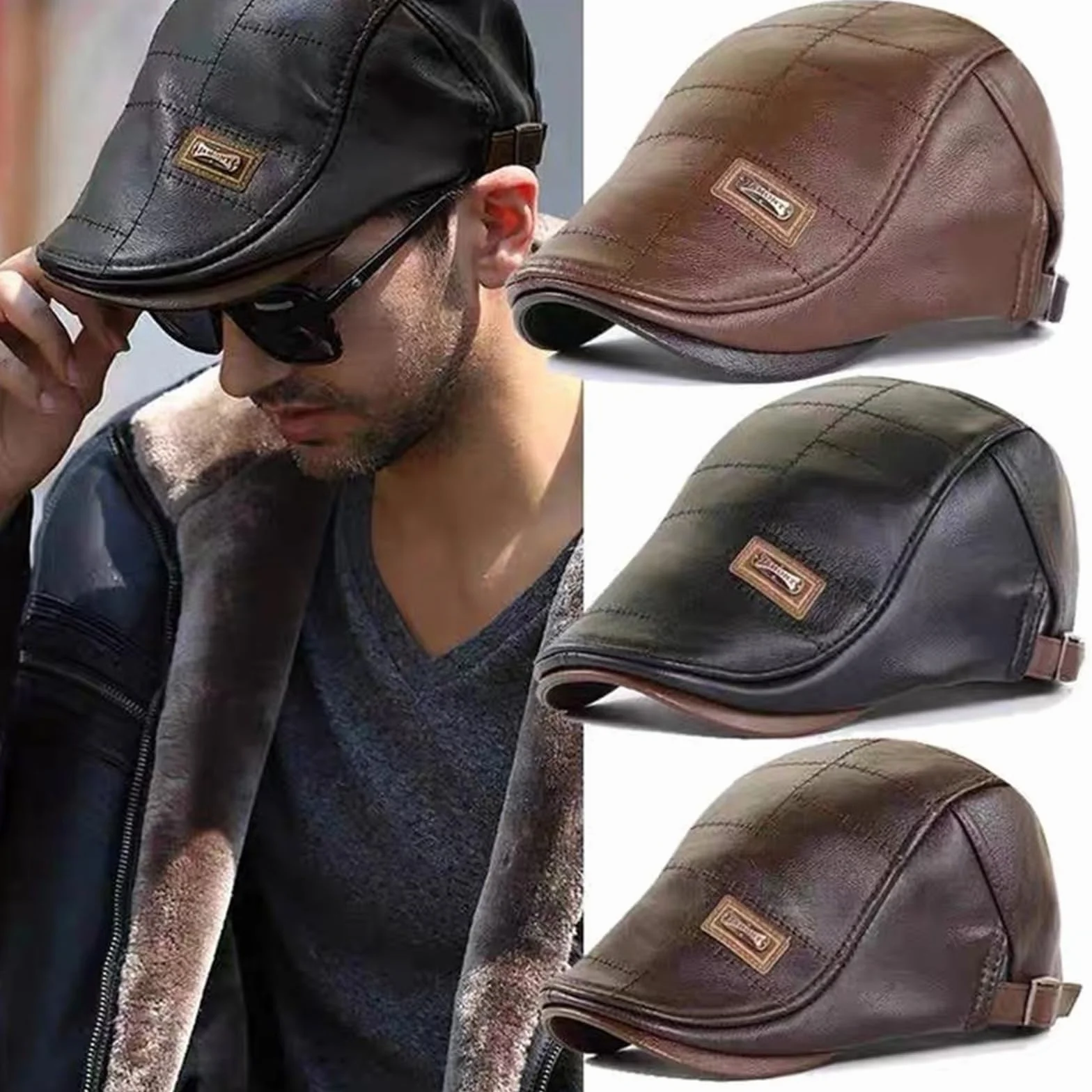 2023 modny skórzany beret moda na co dzień ciepły beret męski regulowany PU skóra czapka wędkarska unisex
