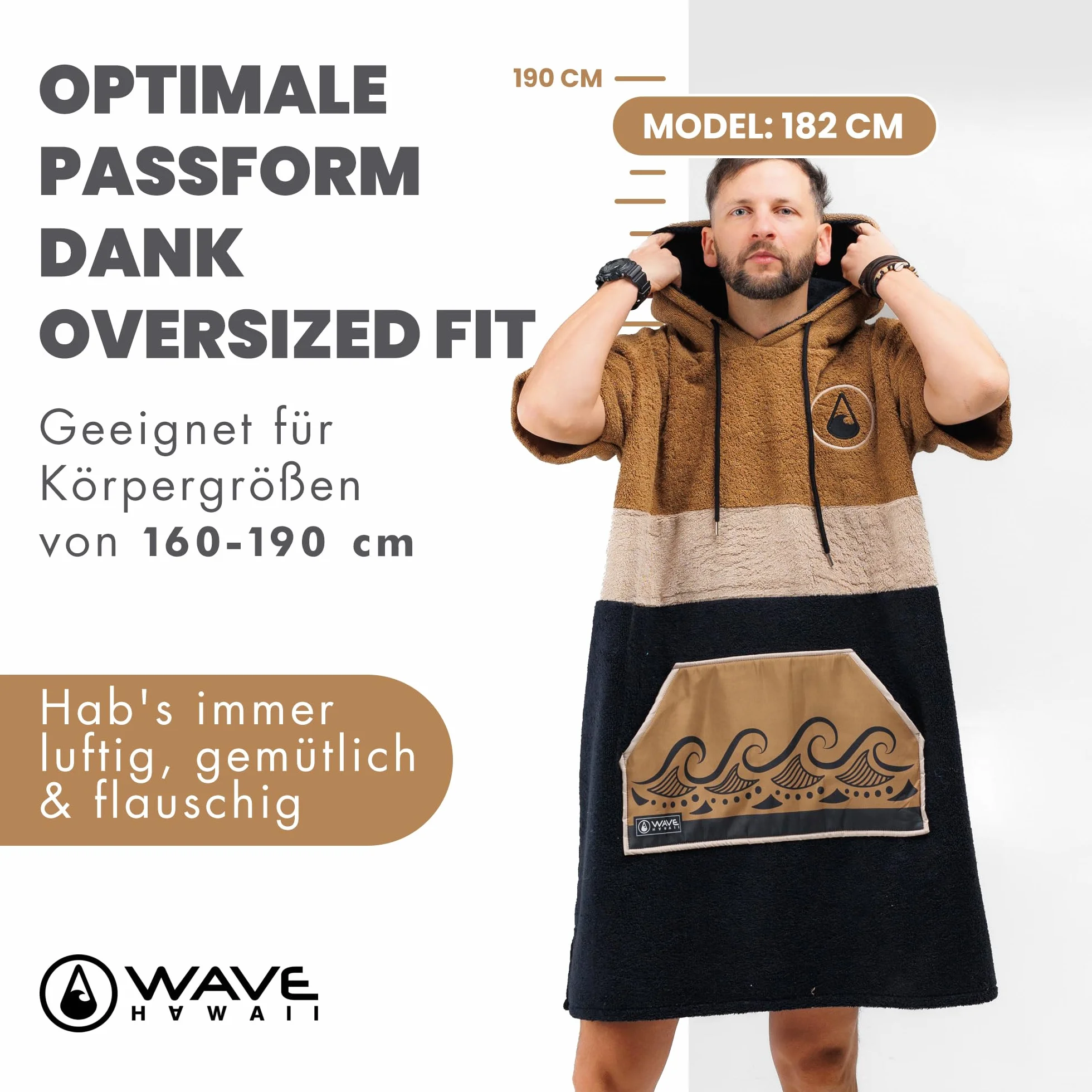 WAVE HAWAII Cumbuco ponczo surfingowe do wzrostu 160-190 cm, 95% ekologicznej bawełny, pomoc w przebieraniu, na plażę, do surfowania, ręcznik kąpielowy, ponczo prysznicowe, dla kobiet, mężczyzn i dorosłych, brązowy, M