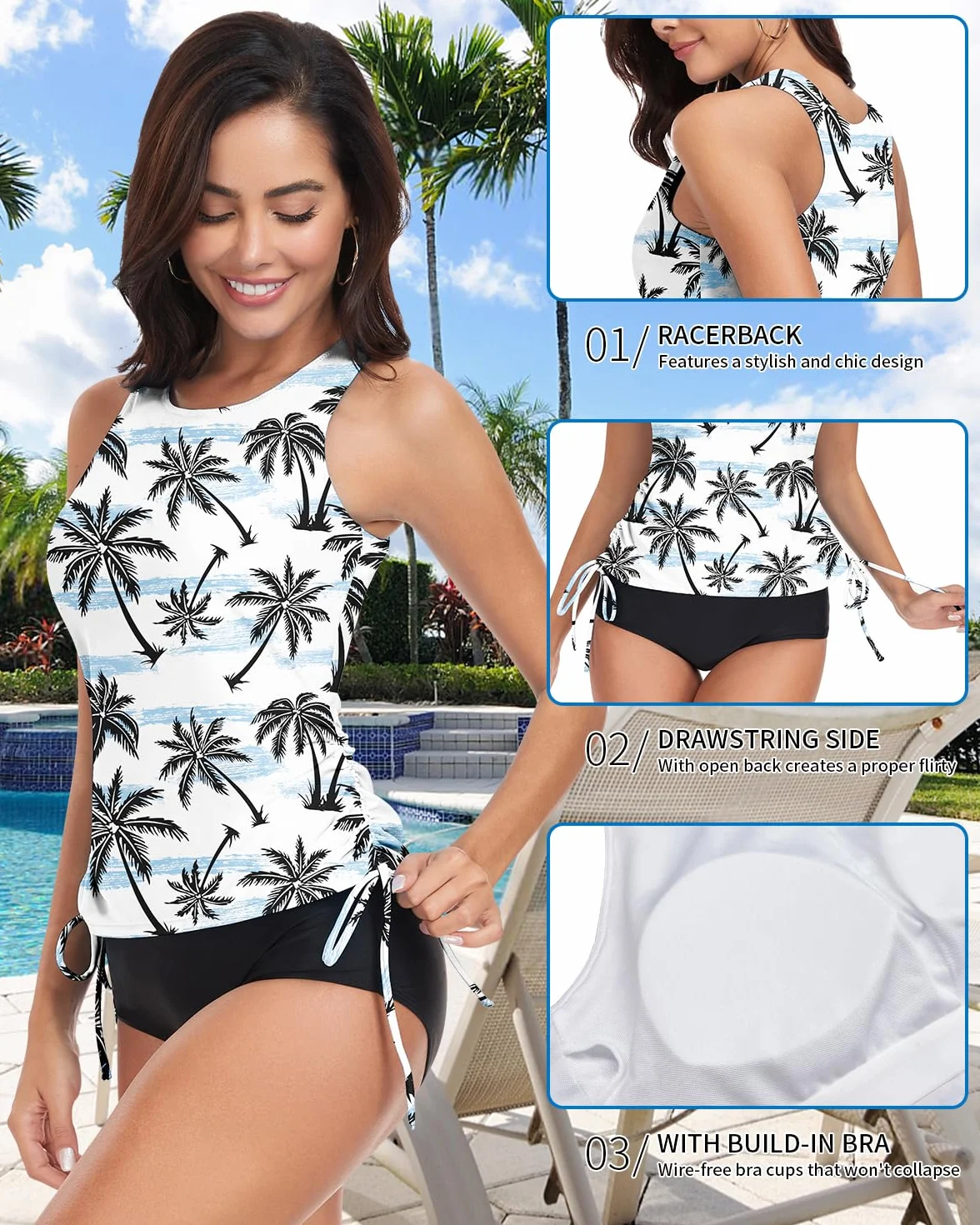 WOWENY Damska koszulka typu tankini, tank top, moda kąpielowa, crossback, pasek do pływania, top szybkoschnący, na lato, wyściełany strój kąpielowy