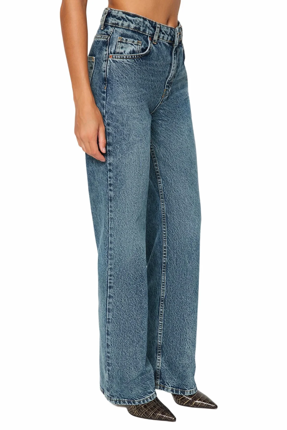 Trendyol Blue Pale Effect Vintage High Waisted Wide Leg Jeans Twoaw24je00089 - Dżins Kobiety