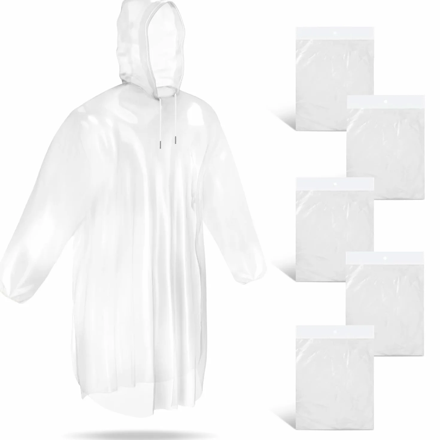 Poncho przeciwdeszczowe jednorazowe z kapturem i rękawami, 5 sztuk, awaryjne, przezroczyste, wodoszczelne dla kobiet i mężczyzn, do wędrówek, kempingu, koncertów, podróży, festiwali, lekki