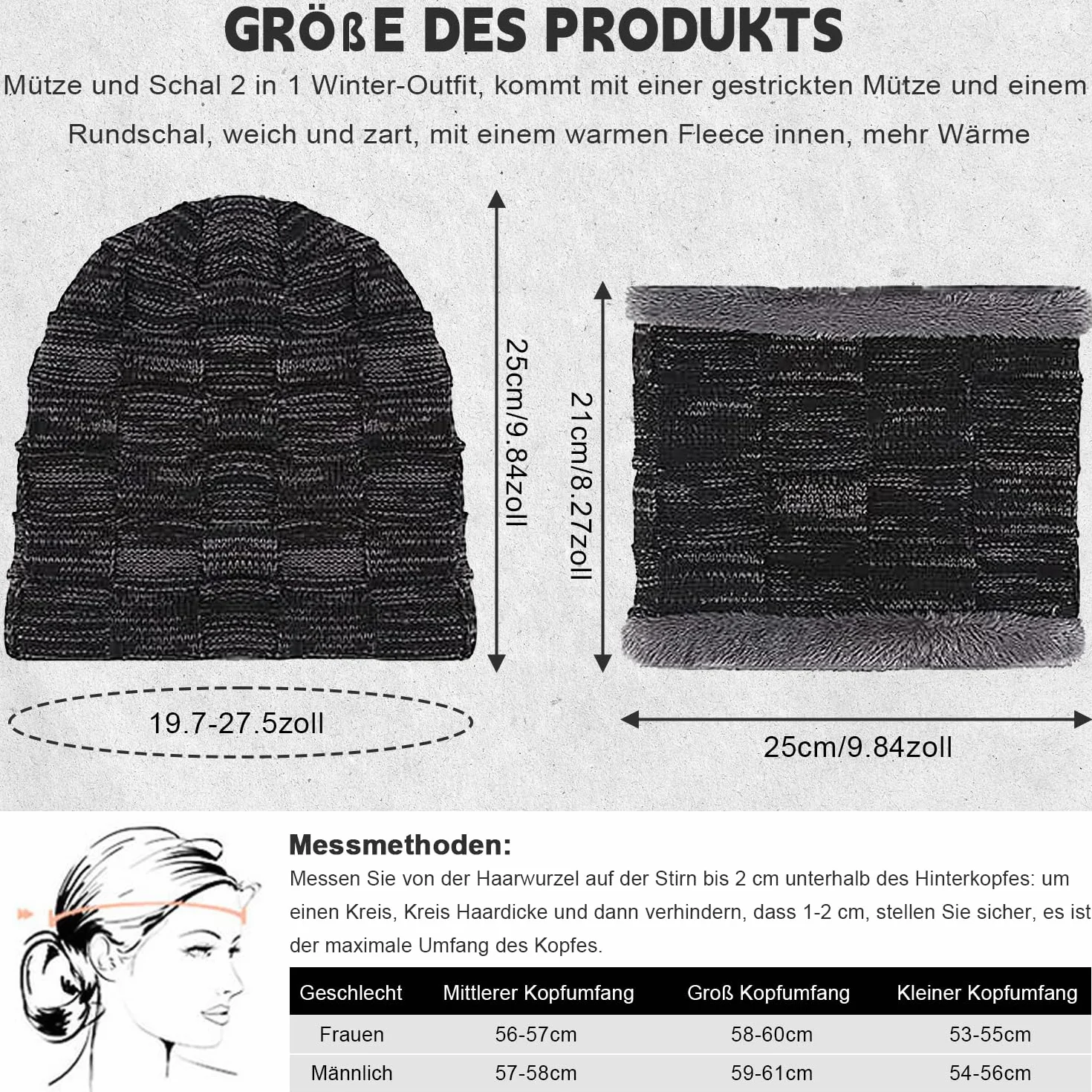 Męska czapka zimowa, zestaw szalików, szaro-czarna, imitacja kaszmiru, czapka beanie, czapka z dzianiny, dla mężczyzn i kobiet