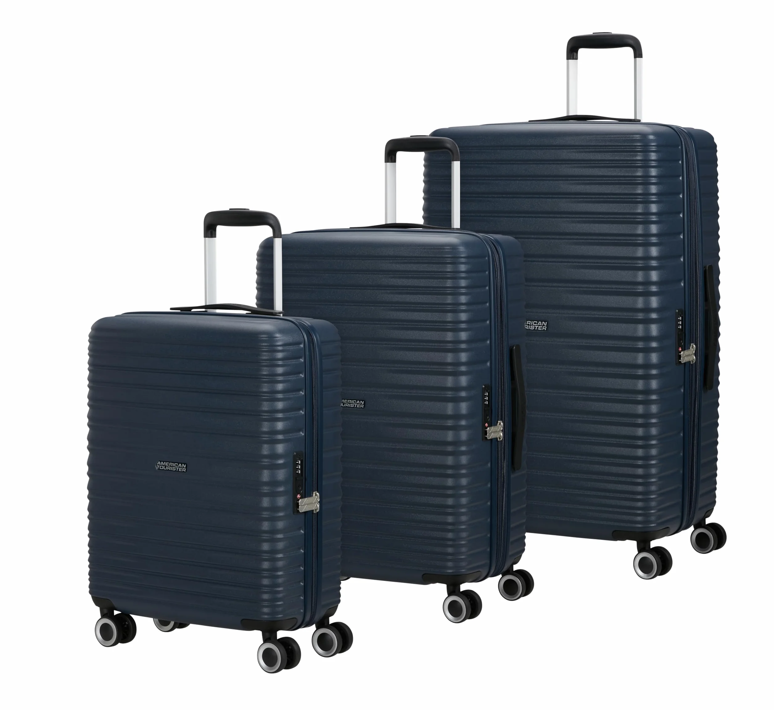 American Tourister Aerotech - 3-częściowy zestaw bagażowy z twardą skorupą (do przenoszenia, średni, duży) rozszerzalny zestaw wózków z zamkiem TSA - niebieski (metaliczny granat)