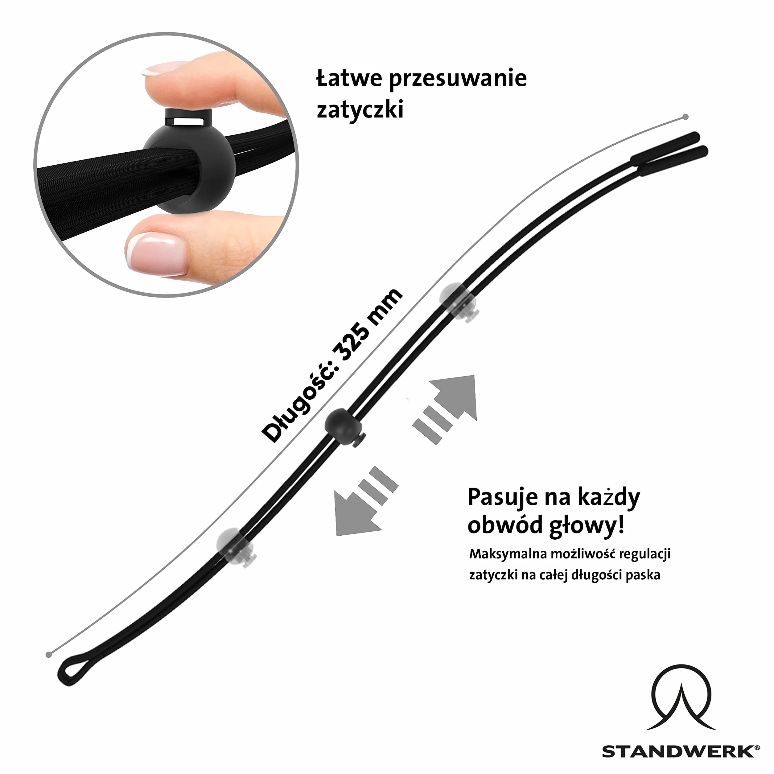 STANDWERK® Basic+ pasek na okulary – idealnie regulowany pasek na okulary sportowe – uchwyt na okulary, odpowiedni do uprawiania sportu i w czasie wolnym, niezawodny i wodoodporny