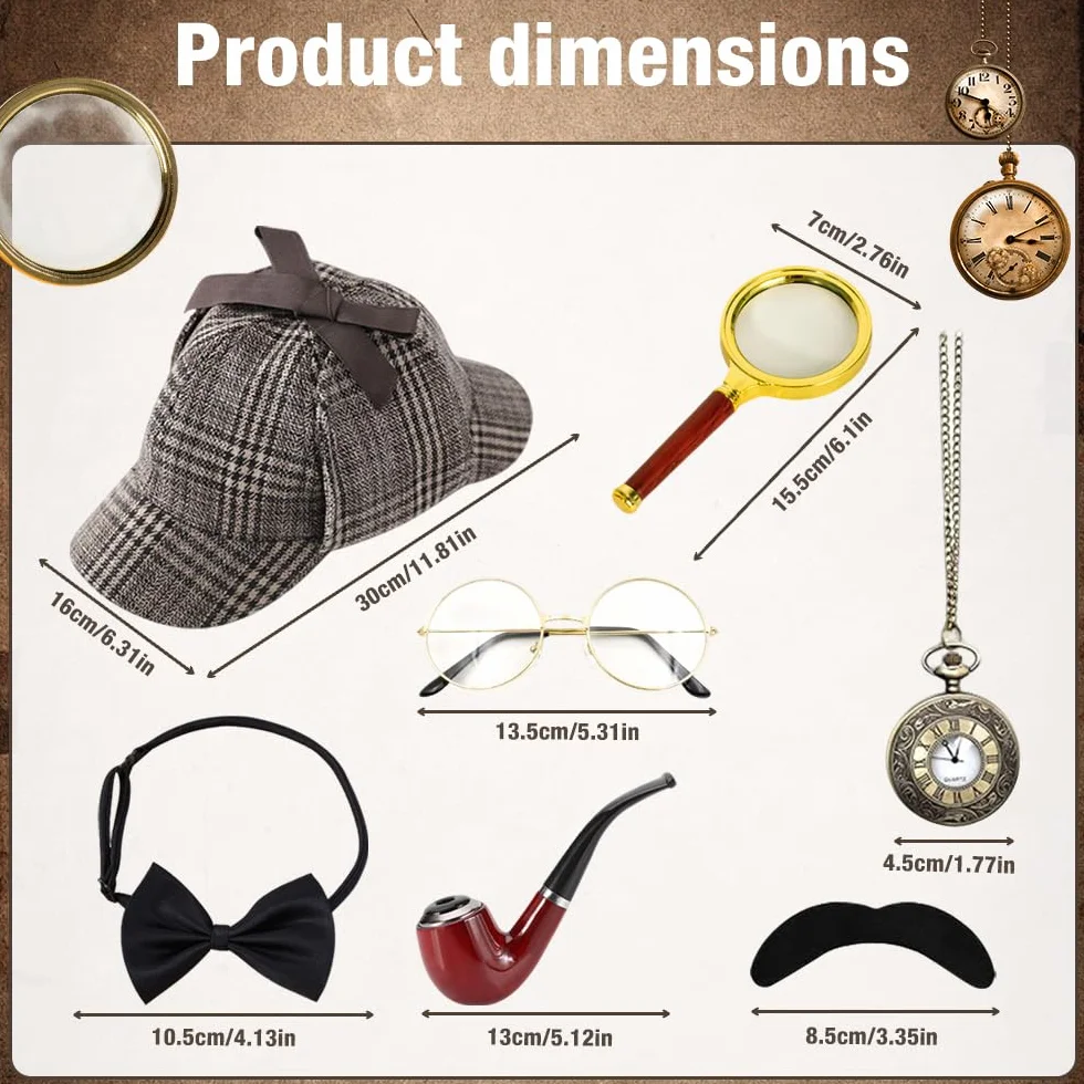 Zestaw akcesoriów do kostiumu detektywa, 7 sztuk, akcesoria do kostiumu Sherlock Holmes, z kapeluszem detektywistycznym, metalowe okulary, lupa, broda, detektywa, Cosplay, rekwizyty dla
