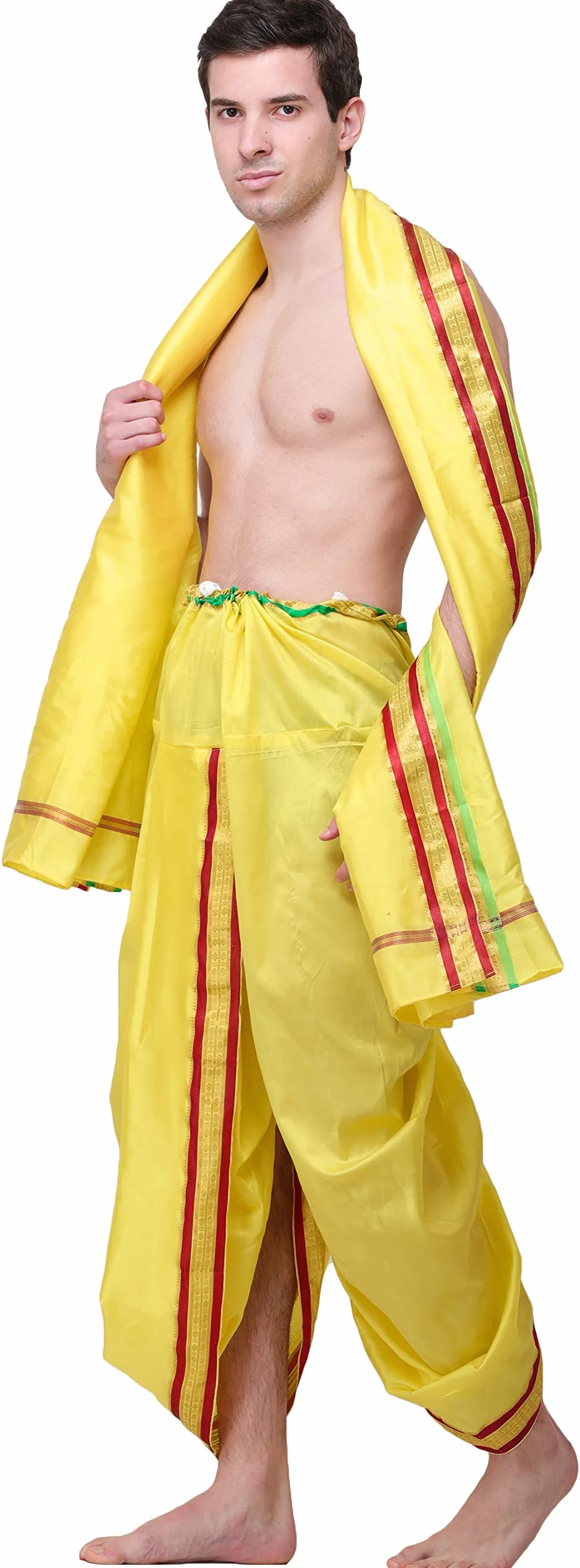 Exotic India Gotowy do noszenia zestaw Dhoti i Angavastram z tkaną złotą obwódką