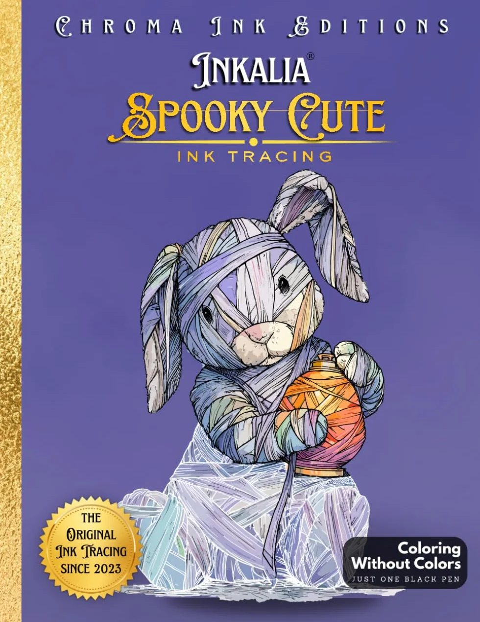 Inkalia Spooky Cute - Fill the White Lines with One Black Pen to Reveal Cozy Creepy Cute Creatures: Ink Tracing Coloring Book, A New Reverse Coloring Experience