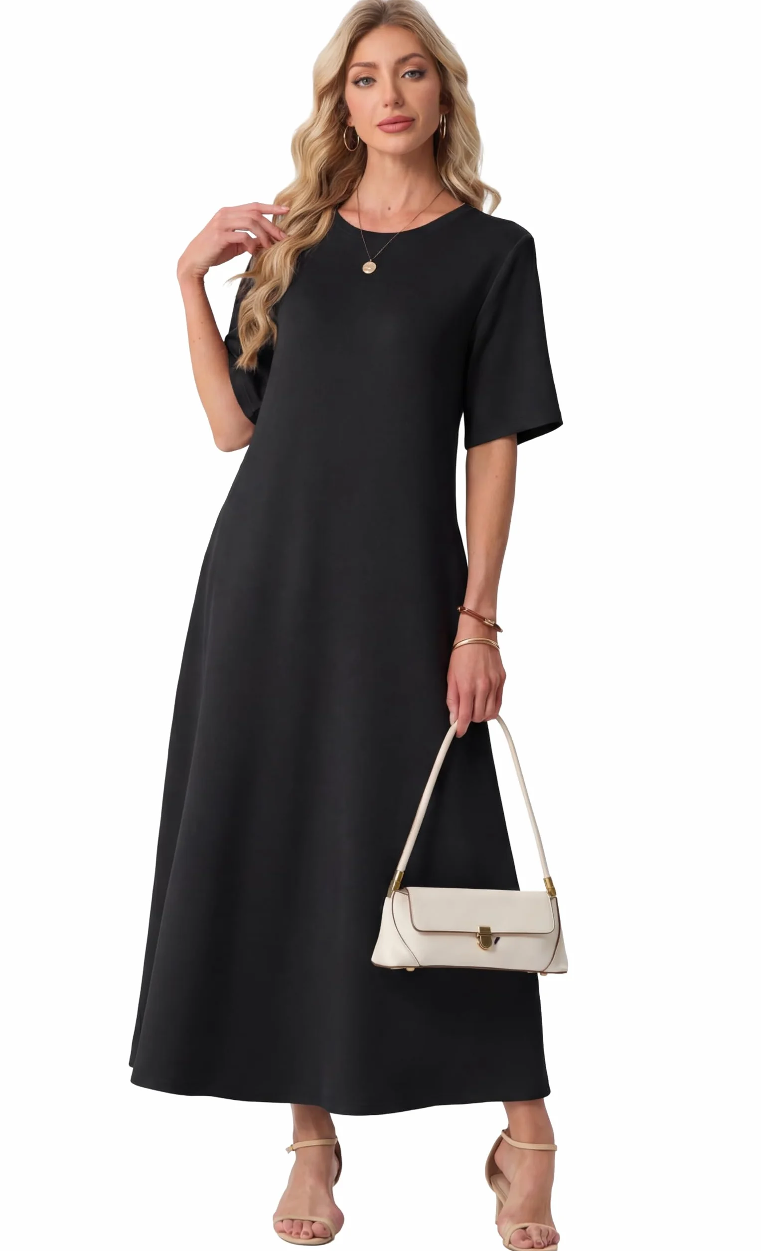 GRECERELLE Damskie letnie sukienki UK sukienka maxi z krótkim rękawem z kieszeniami damskie eleganckie sukienki świąteczne na co dzień dla kobiet oddychająca sukienka przeciwsłoneczna