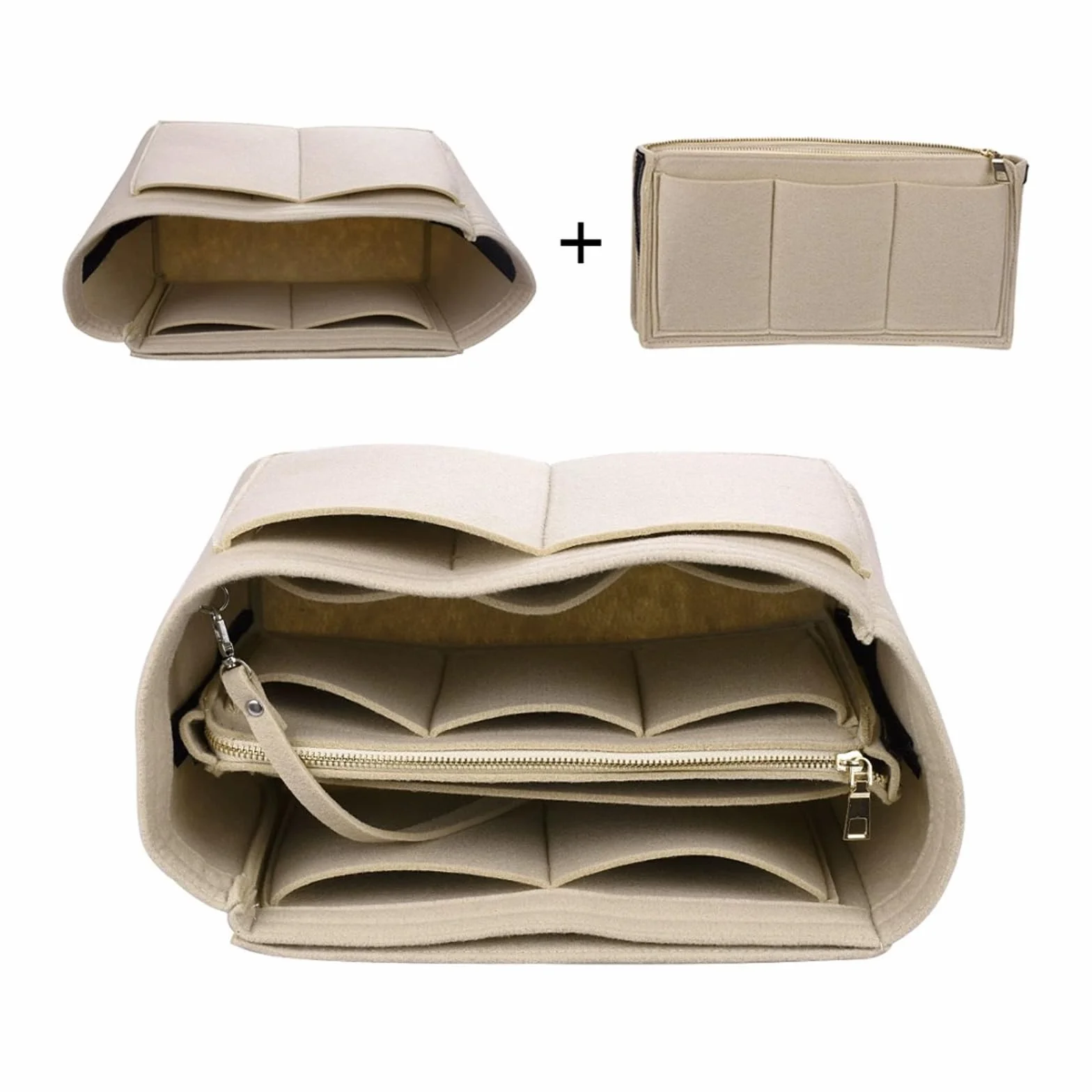 Beżowy filcowy organizer do torebki, wielofunkcyjna kosmetyczka, organizer do torebki, 2 w 1 wkład z oddzielnymi kieszonkami do torebek dla kobiet, średni (27 * 16 * 16 cm)