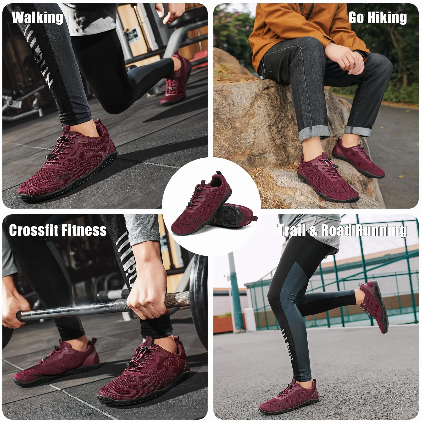 Geweo Buty Barefoot Męskie i Damskie Lekkie Wygodne Buty Sportowe Treningow z Szeroką Skrzynią na Palce Oddychające Buty do Biegania, do CrossFit z podeszwą Zero-Drop Unisex Burgund Czerwony 42EU