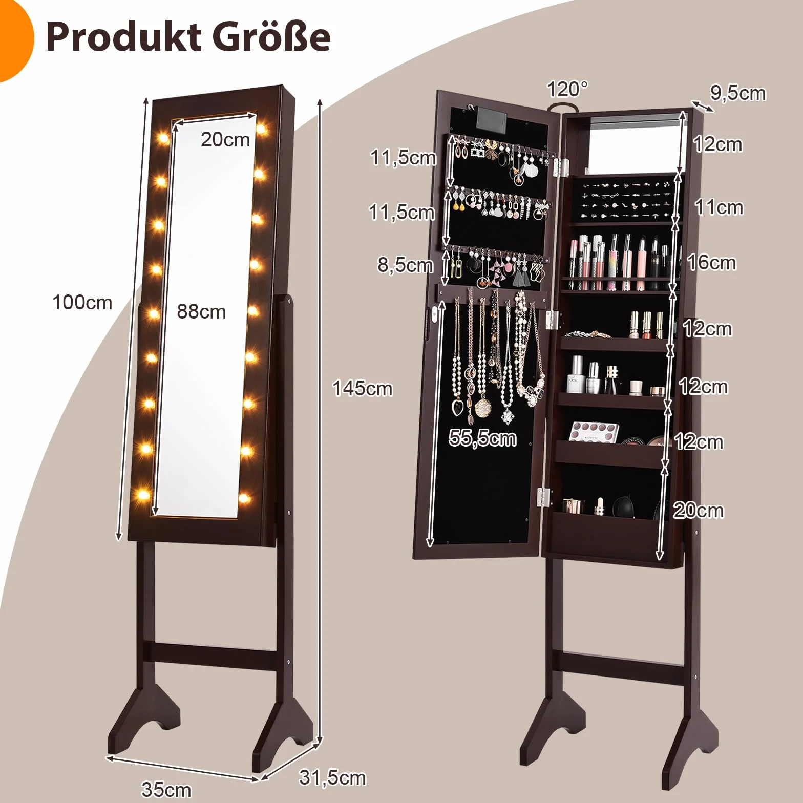 GOPLUS Szafka na biżuterię z oświetleniem LED, regał na biżuterię z lustrem na całe ciało i wbudowanym lustrem, wolnostojąca szafka z lustrem, z miejscem do przechowywania biżuterii i kosmetyków