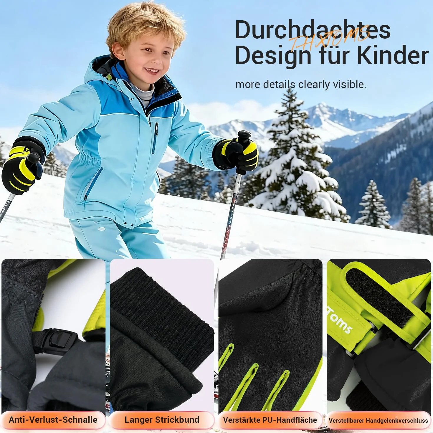 ThxToms Dziecięce rękawice narciarskie, zimowe rękawiczki narciarskie, -15℃, palma PU, wiatroszczelne, wodoszczelne, ciepłe polarowe, sportowe, snowboardowe, do jazdy na nartach, jazdy na rowerze, dla