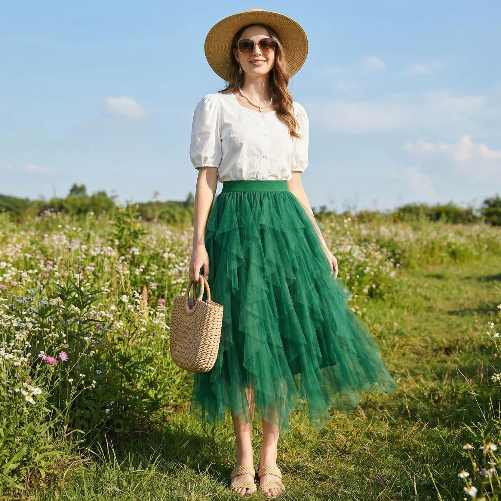 WERFORU Damska spódnica tiulowa, elastyczna talia, spódnica midi High Low Layered Puffy Fee spódniczka tutu