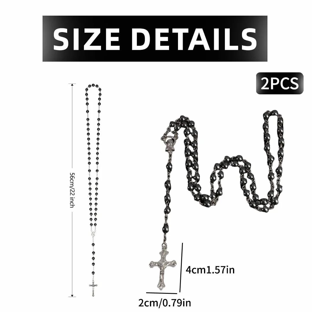 2 x różaniec komunijny, naszyjnik z pereł, katolicki krzyżyk, unisex, łańcuszek z krzyżem, komunia święta, prezent dla gości, dla dziewcząt, chłopców, czarny, 6 mm