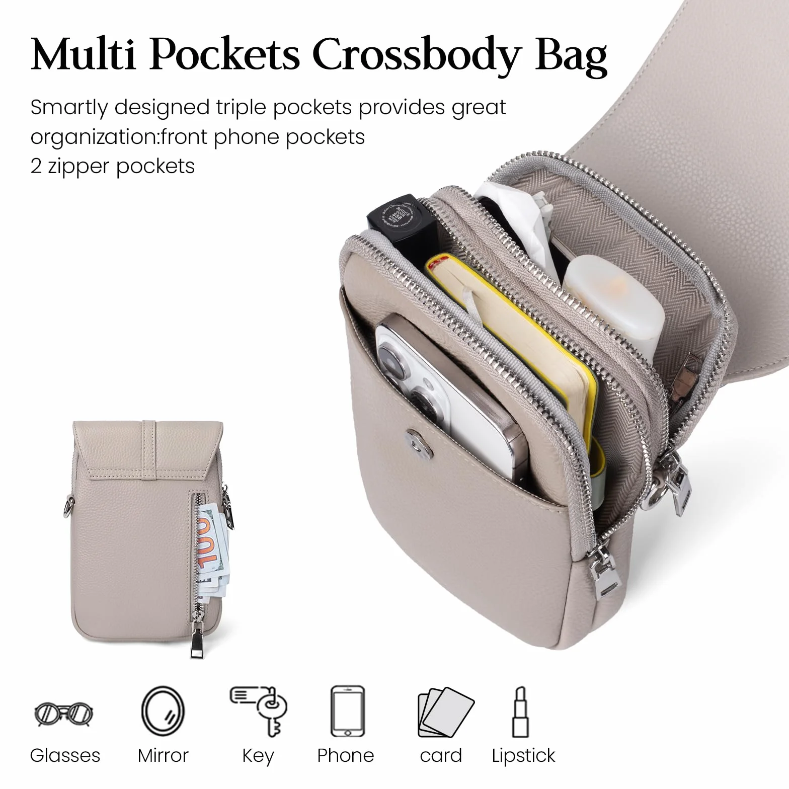 befen Genuine Leather Small Crossbody Bags for Women, RFID Protected Leather Shoulder Bag Small Women's Crossbody Handbags, Anti Theft Cross Over Body Purses with Adjustable Strap, Beige Grey