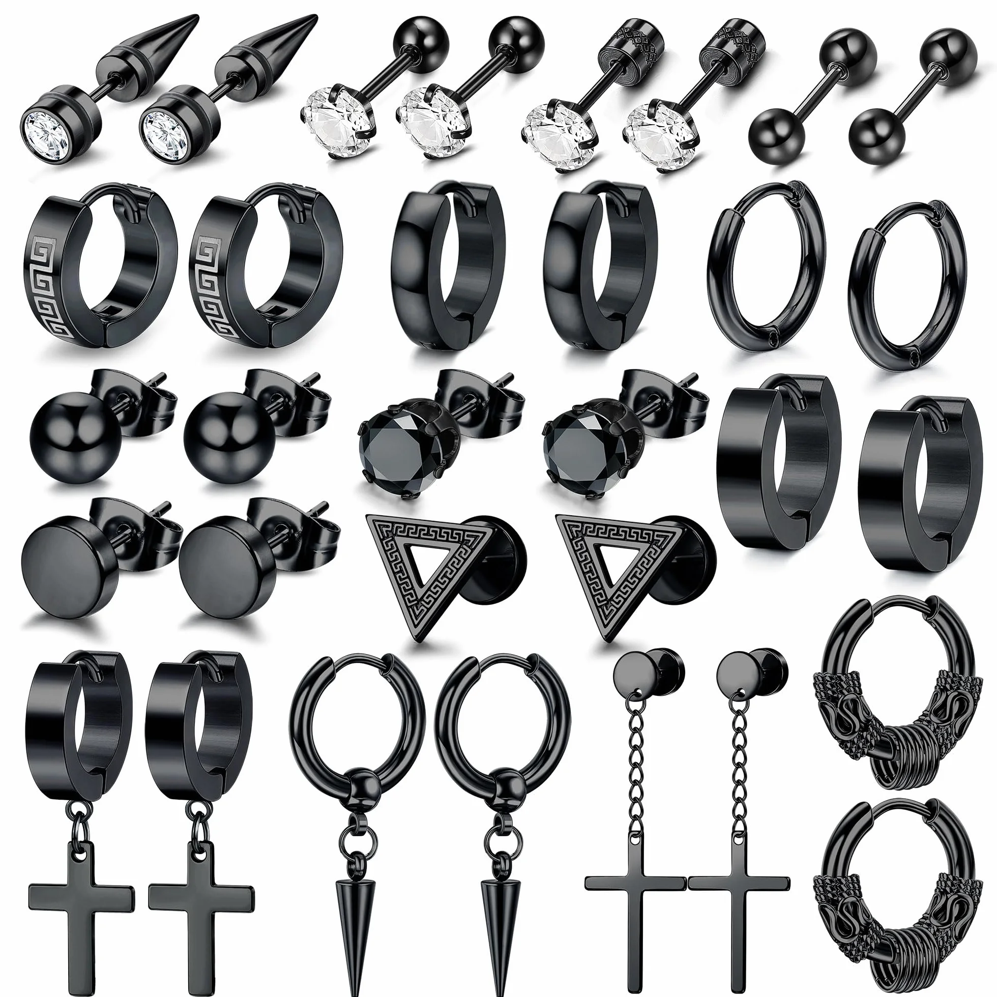 Dochais 16 Par Męskie Kolczyki ze Stali Chirurgicznej - Hoops, Koła, Czarny Krzyż Wisiorek, Srebrny Zestaw z Cyrkoniami, Punk Styl