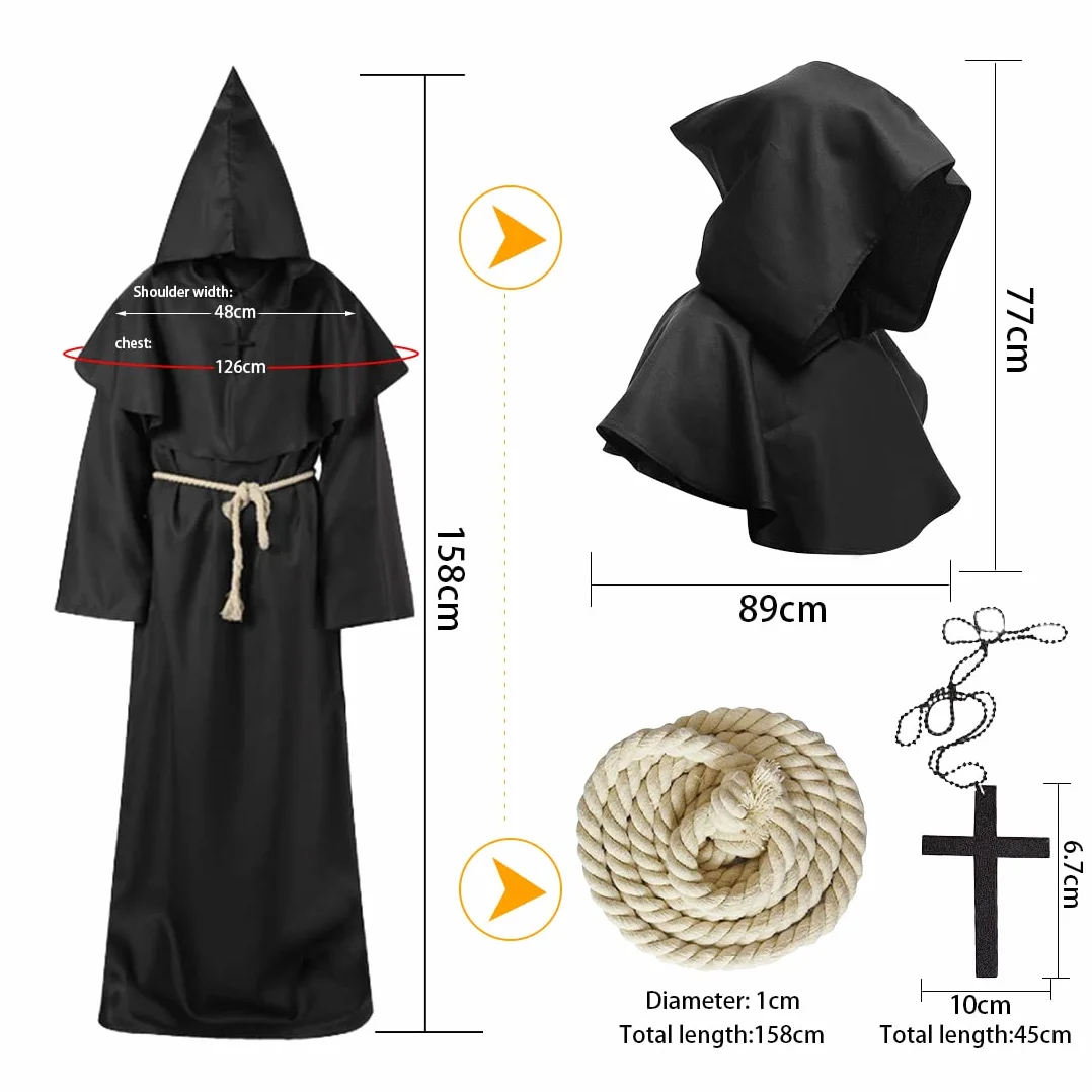 Wishstar Dekoracja na Halloween, średniowieczny renesans, mnich ze sznurkiem, męski prister z krzyżem na imprezę tematyczną, Halloween, Cosplay, karnawał i karnawał