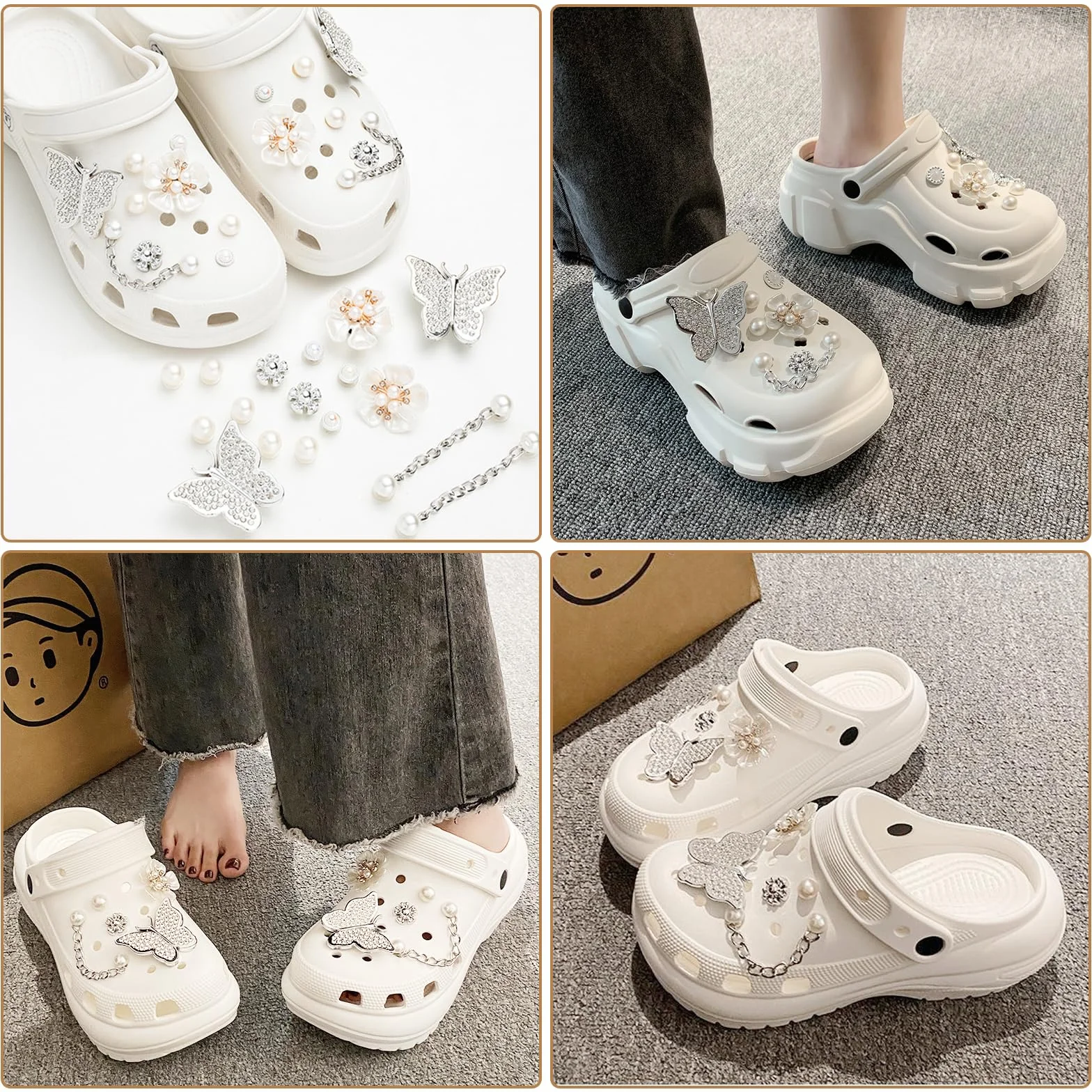 20 sztuk Crocs Ornamenty, Charms Crocs z perłowymi łańcuchami, Pin Crocs Motyle Deco, Kwiaty Croc Pin, Zdejmowane DIY Akcesoria Croc dla kobiet Dorosłych