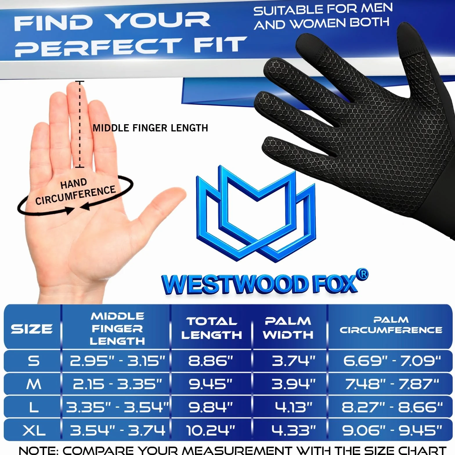 WESTWOOD FOX WFX Rękawiczki rowerowe, do obsługi ekranów dotykowych, termiczne, do biegania, czarne, ciepłe, wiatroszczelne, antypoślizgowe, polarowe, dla mężczyzn i kobiet