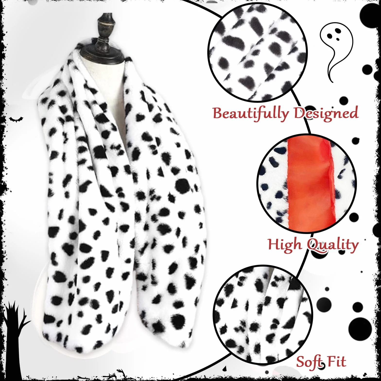 9 sztuk Cruella Zestaw cosplay dla kobiet, czarna i biała peruka, diabelski strój z peruką, maską, perłami, bransoletkami, rękawiczkami, szalikiem, papierosem i siatkowymi rajstopami na karnawał