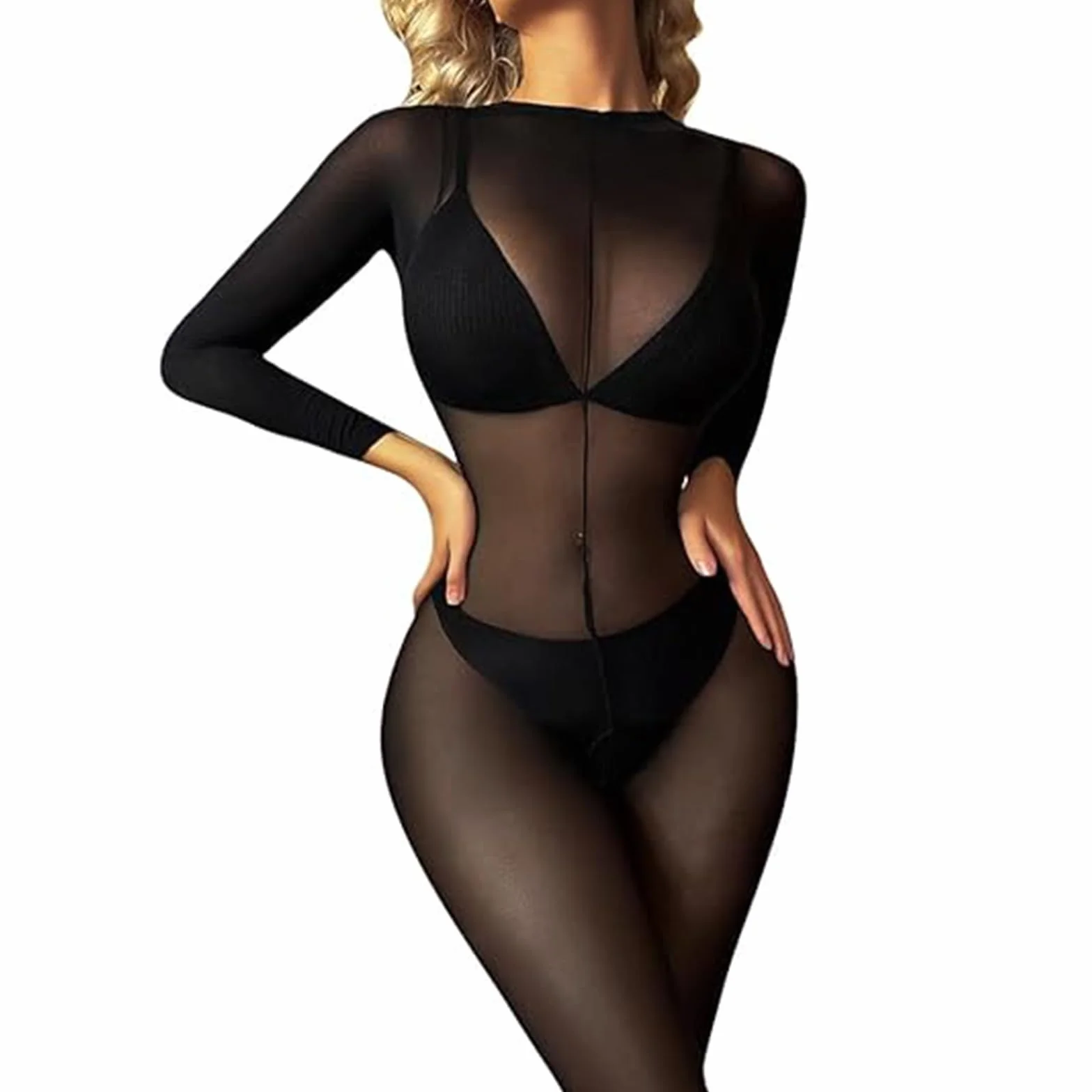 HTRUIYATY Damskie rajstopy Bodystocking przezroczyste body z odkrytymi kroczami, z długimi rękawami, nylonowe rajstopy