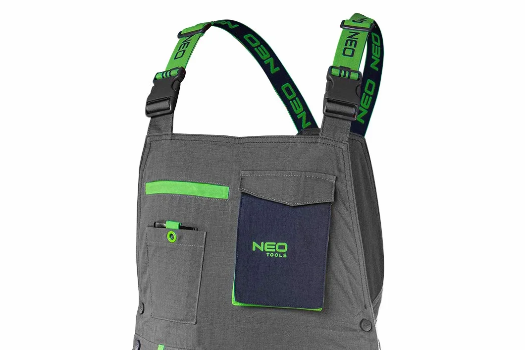NEO TOOLS Męskie spodnie robocze klasy premium, 100% bawełna 210 g/m2, Ripstop, rozmiar XS-3XL, obszar kolan wzmocniony Cordura, elastyczny gumowy ściągacz i szelki, elementy odblaskowe