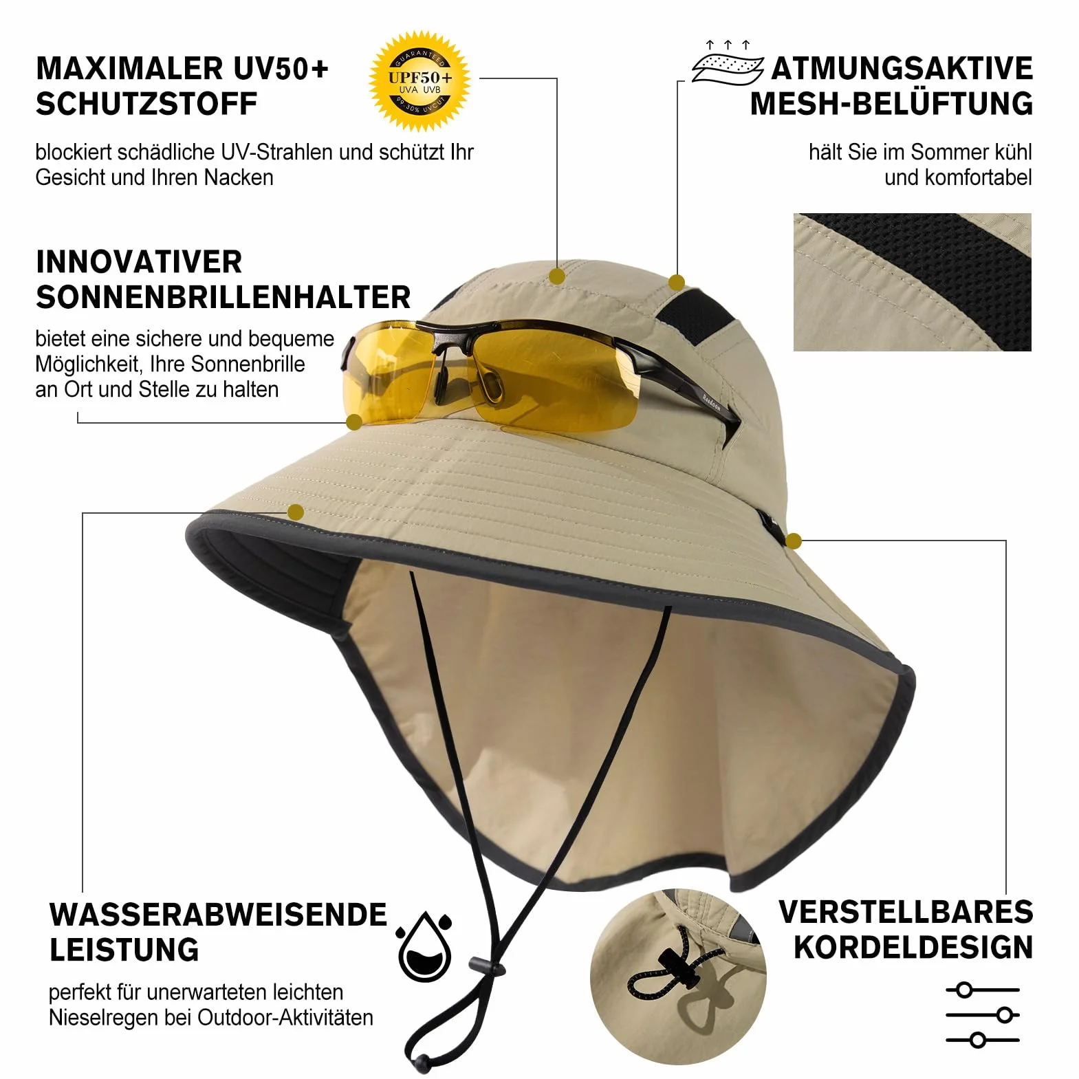 TOP-EX XL/XXL unisex kapelusz przeciwsłoneczny, z szerokim rondem, z ochroną karku, uchwyt na okulary przeciwsłoneczne, outdoorowy, safari, kapelusz letni, wodoszczelny i składany