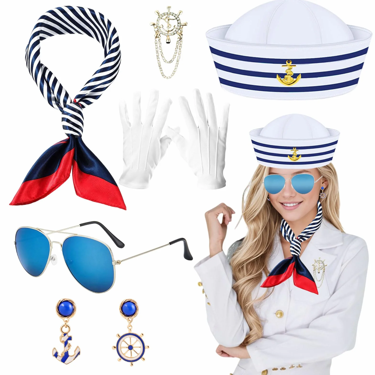 Czapka marynarska, zestaw szalików, kostium żeglarski, dodatek dla kobiet, niebiesko-białe paski, strój marynarski, przebranie kapitana, na karnawał, Cosplay, żeglarskie tematyki żeglarskie,